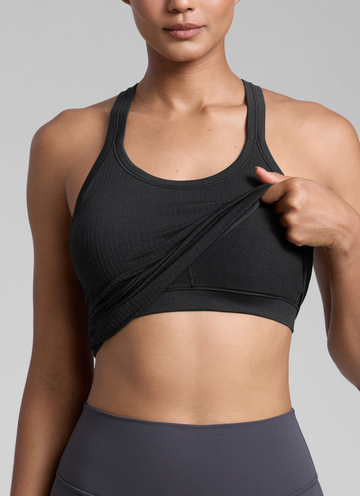 CRZ YOGA Women's Yoga Slim Fit Seamless Tank Crew Neck Waist Length Black @model_info:Barbara