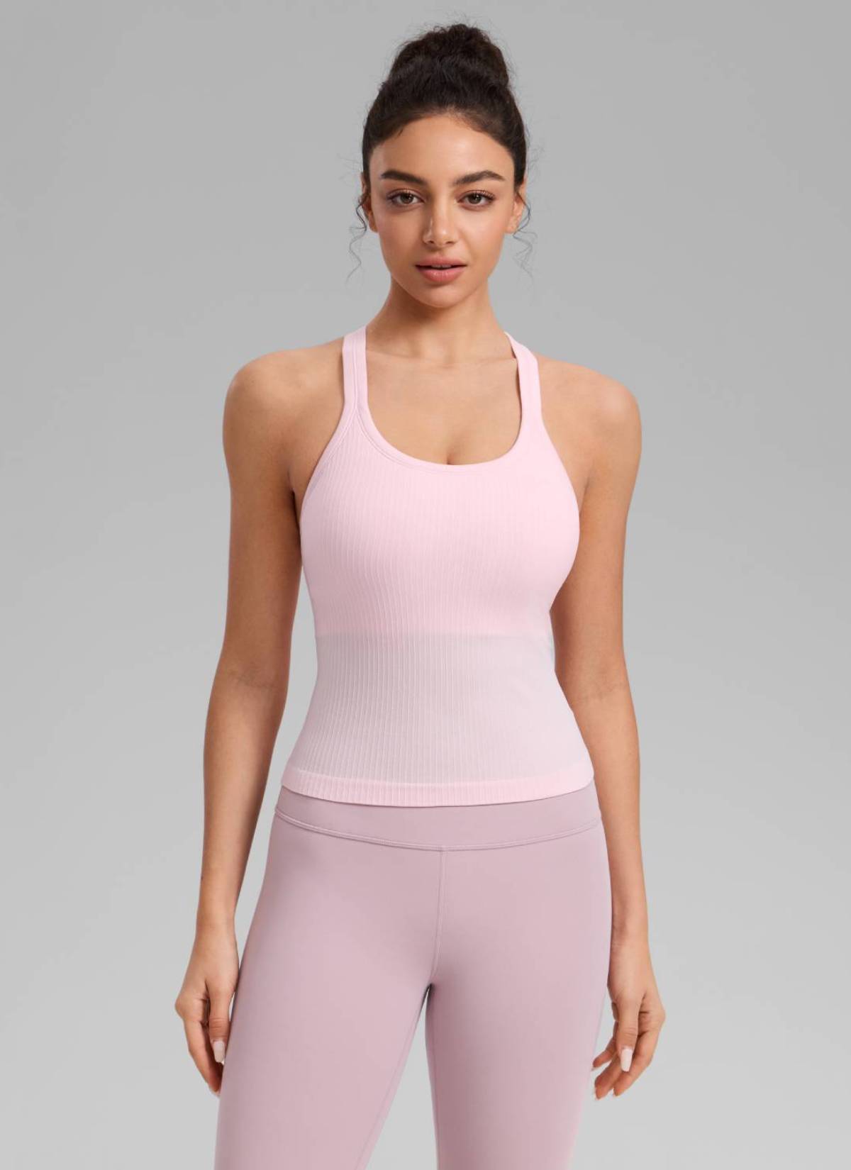 CRZ YOGA Women's Yoga Slim Fit Seamless Tank Crew Neck Waist Length Strawberry Pink @model_info:Anano
