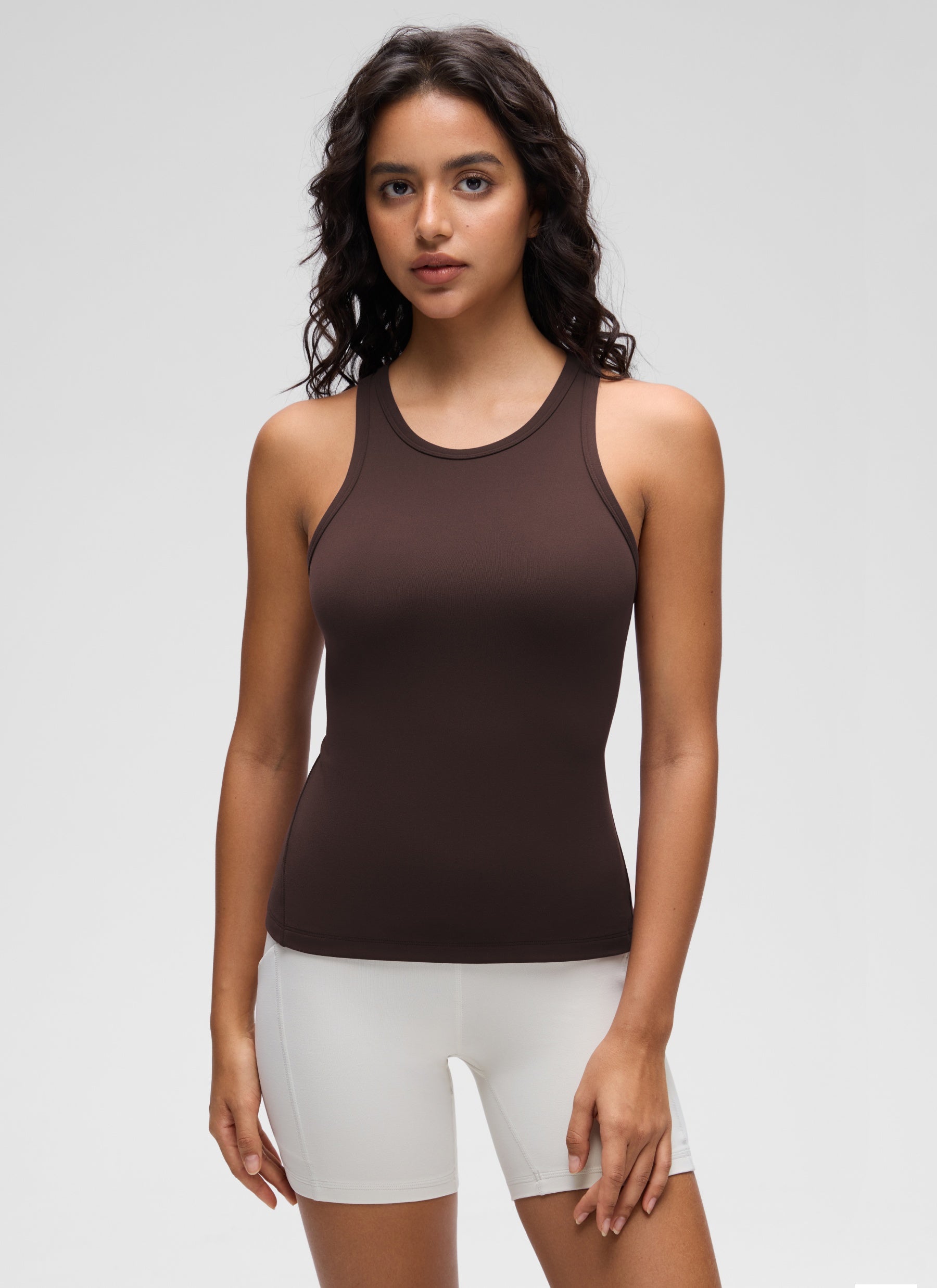 CRZ YOGA Women's Yoga Tight Fit Tops Butterluxe Tank Top High Neck Hot Fudge Brown