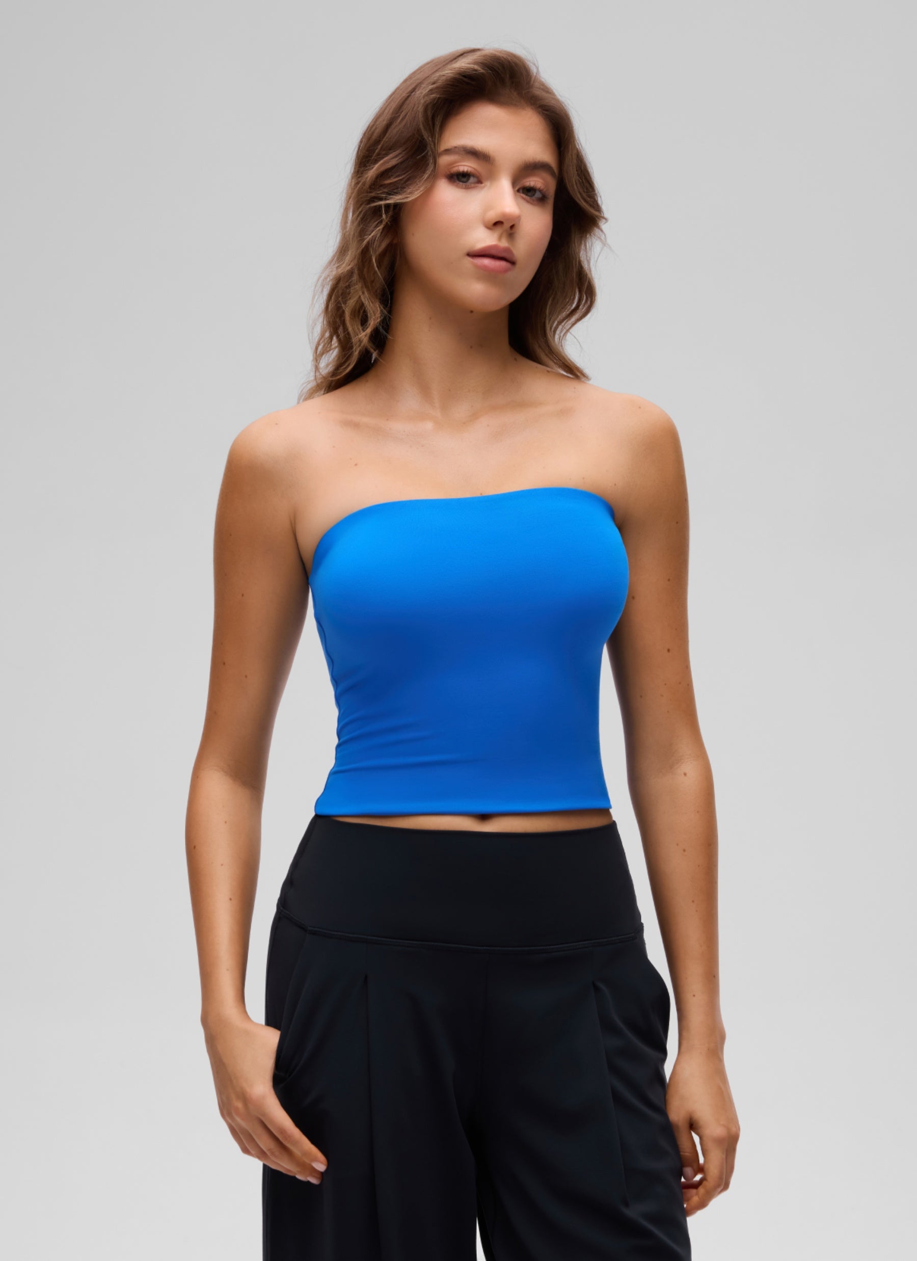 CRZ YOGA Women's Casual Butterluxe Tight Fit Strapless Tops Sparkle Blue @model_info:K