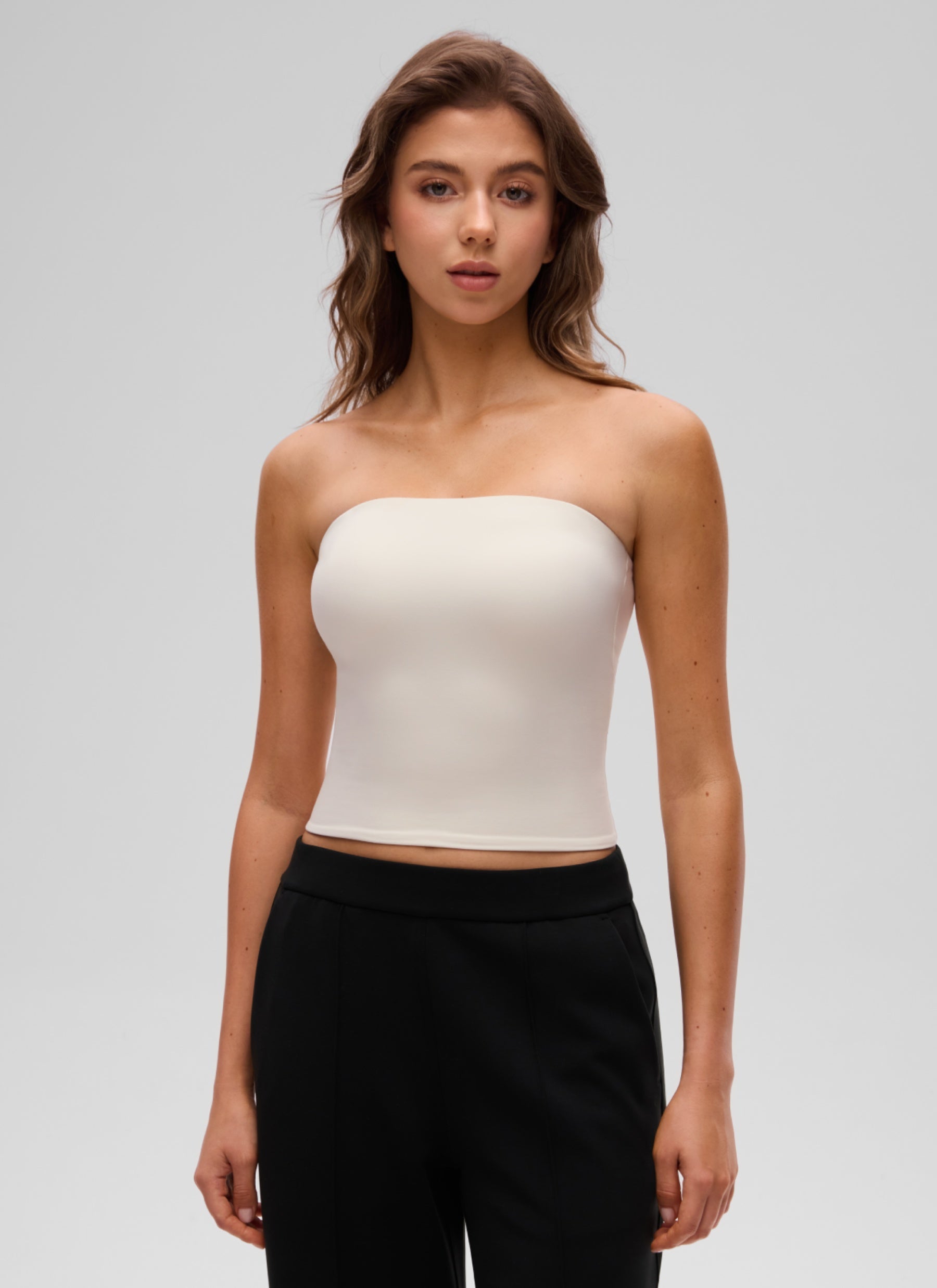 CRZ YOGA Women's Casual Butterluxe Tight Fit Strapless Tops White Apricot