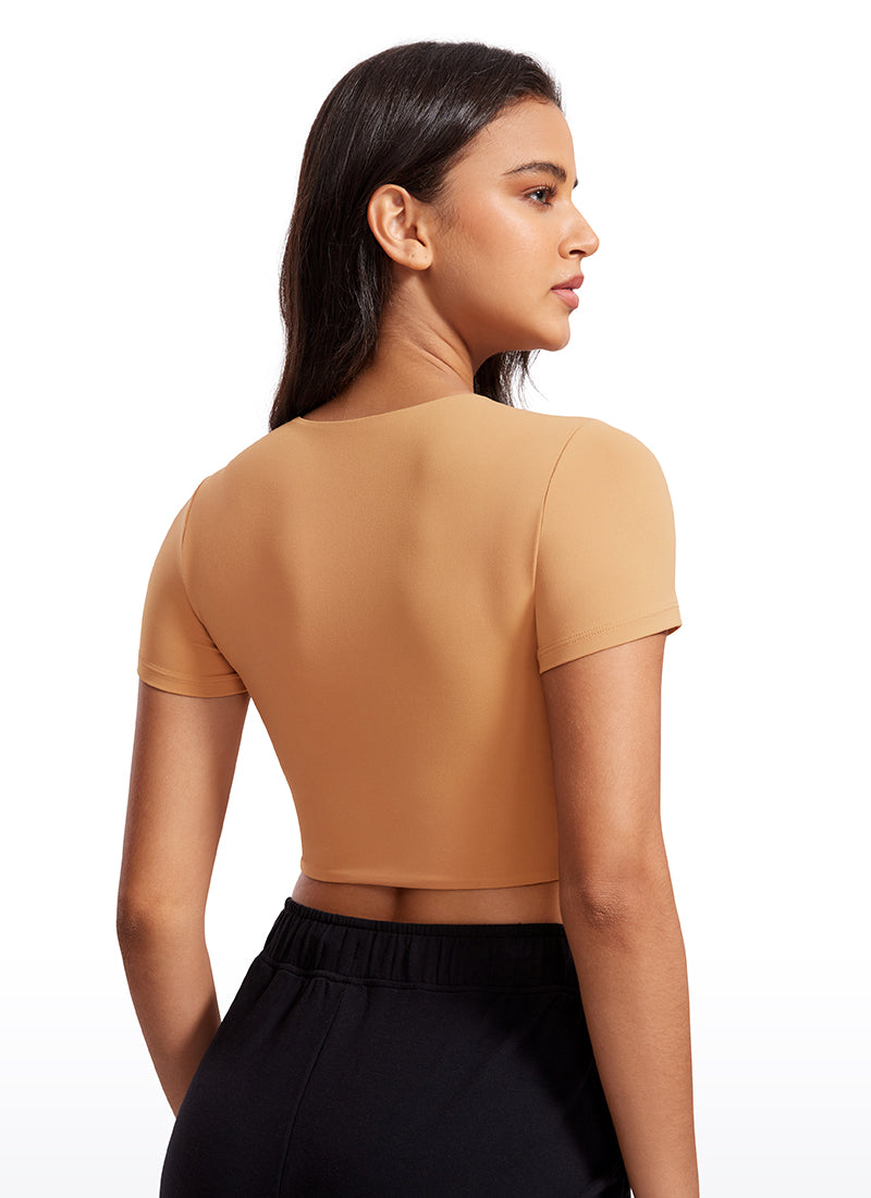 CRZ YOGA Women's Yoga Tight Fit Butterluxe Cropped Short Sleeves Doe Brown