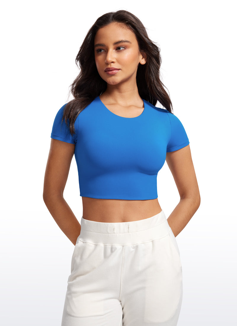 CRZ YOGA Women's Yoga Tight Fit Butterluxe Cropped Short Sleeves Sparkle Blue
