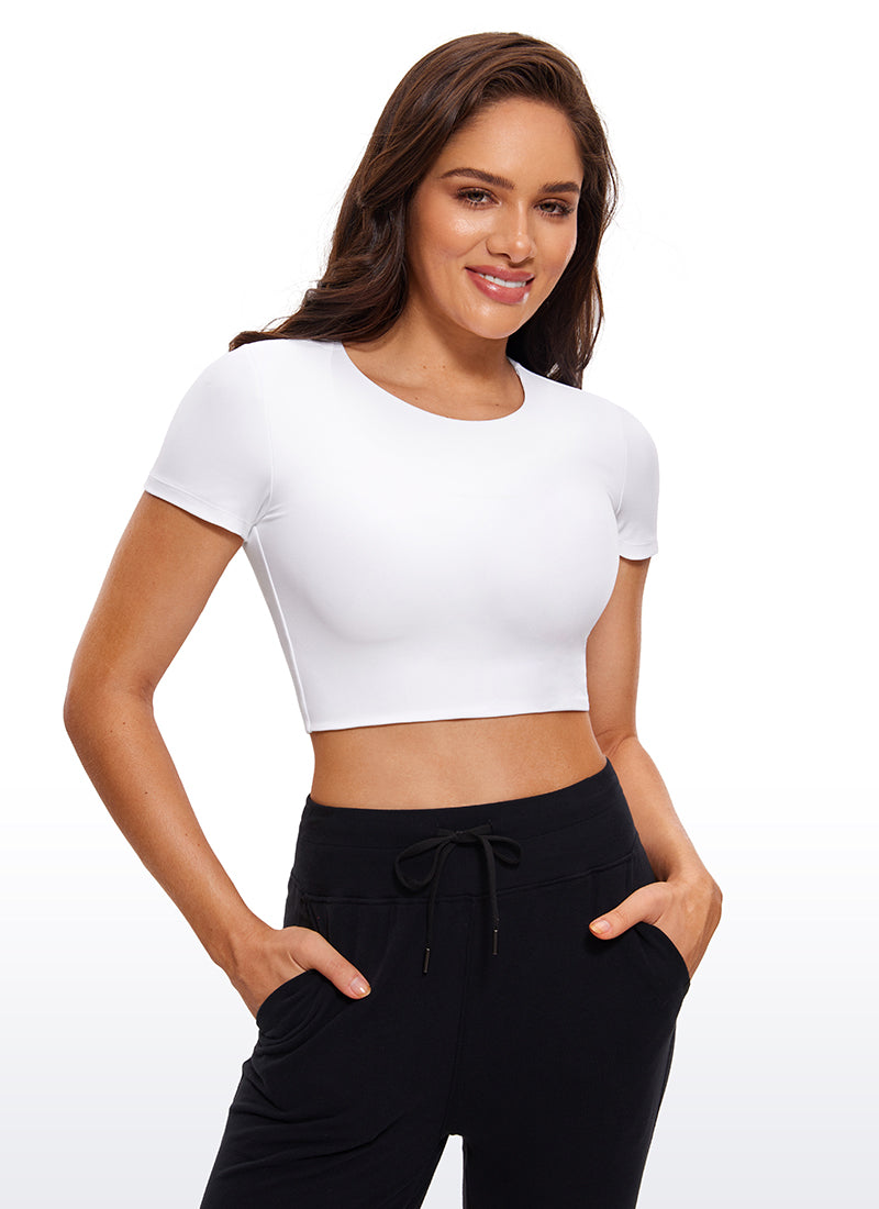 CRZ YOGA Women's Yoga Tight Fit Butterluxe Cropped Short Sleeves White