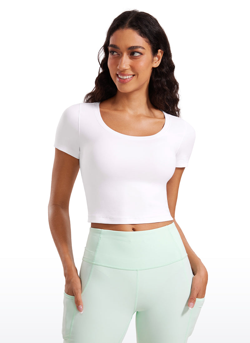 CRZYOGA Women's Slim Fit Scoop Neck Cropped Short Sleeves White