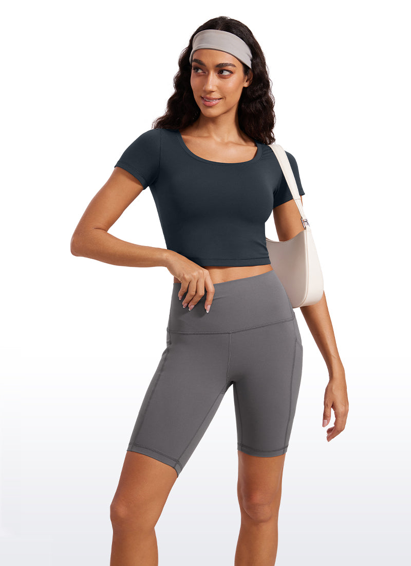 CRZYOGA Women's Slim Fit Scoop Neck Cropped Short Sleeves True Navy