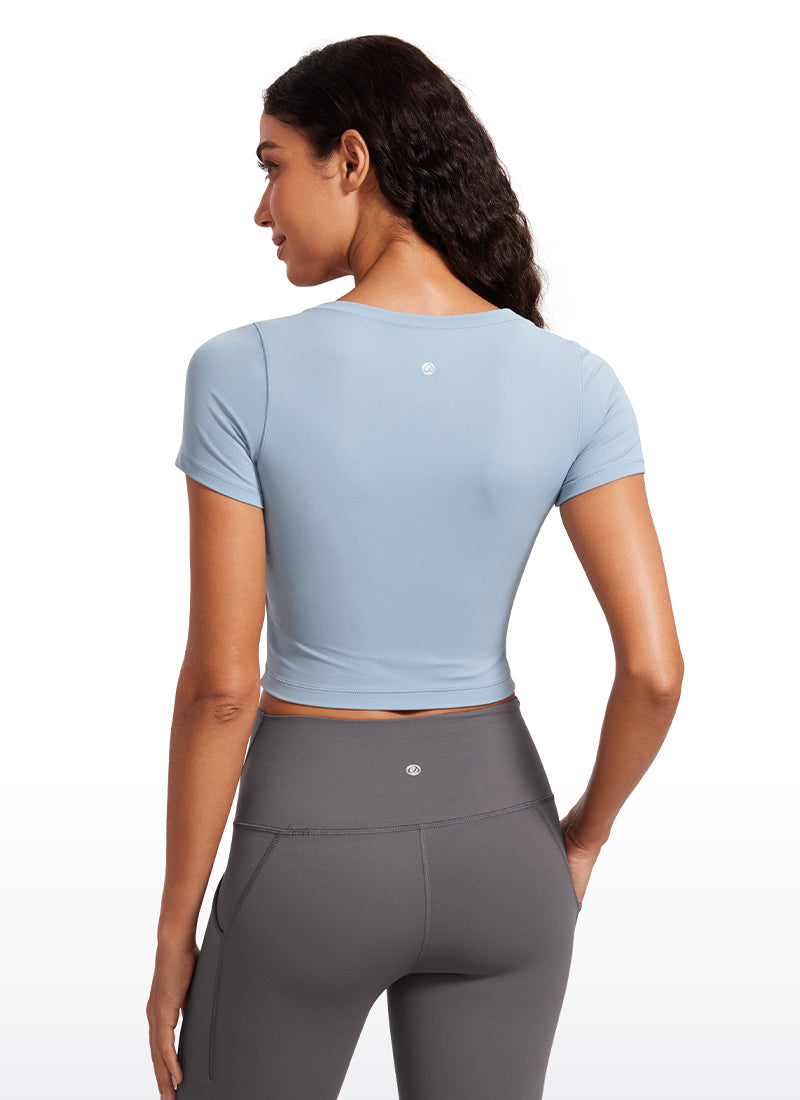 CRZYOGA Women's Slim Fit Scoop Neck Cropped Short Sleeves Cambric Blue