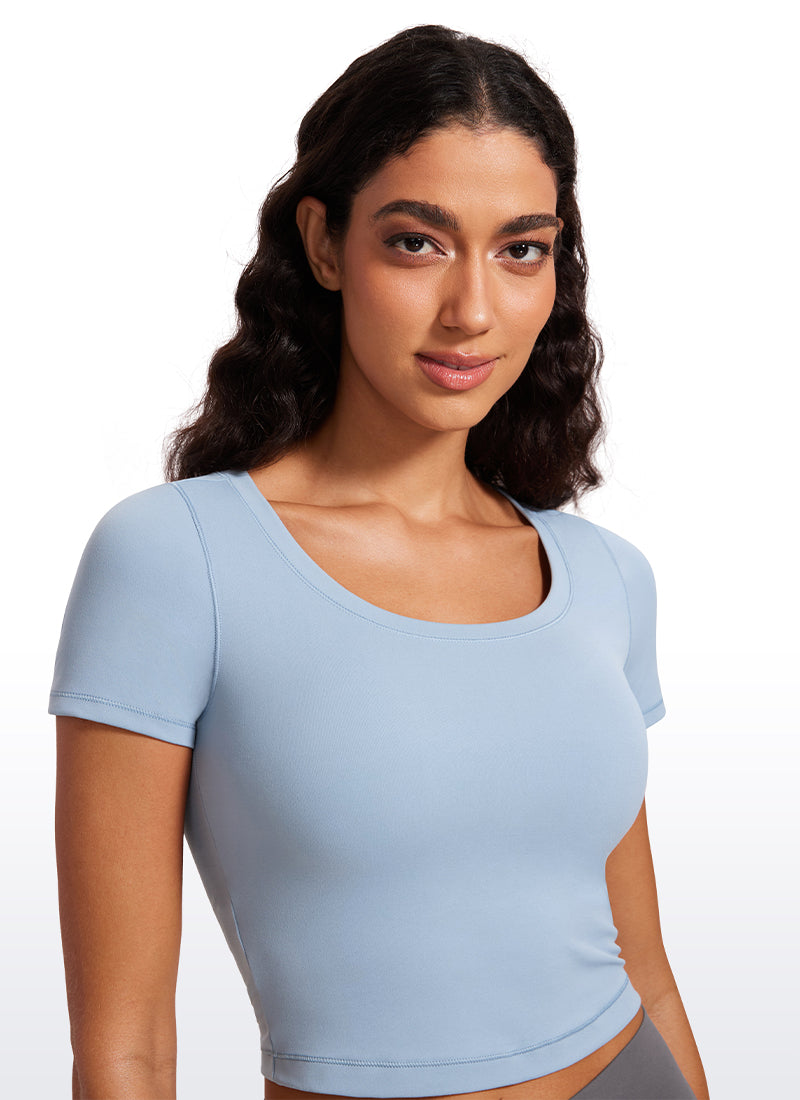 CRZYOGA Women's Slim Fit Scoop Neck Cropped Short Sleeves Cambric Blue