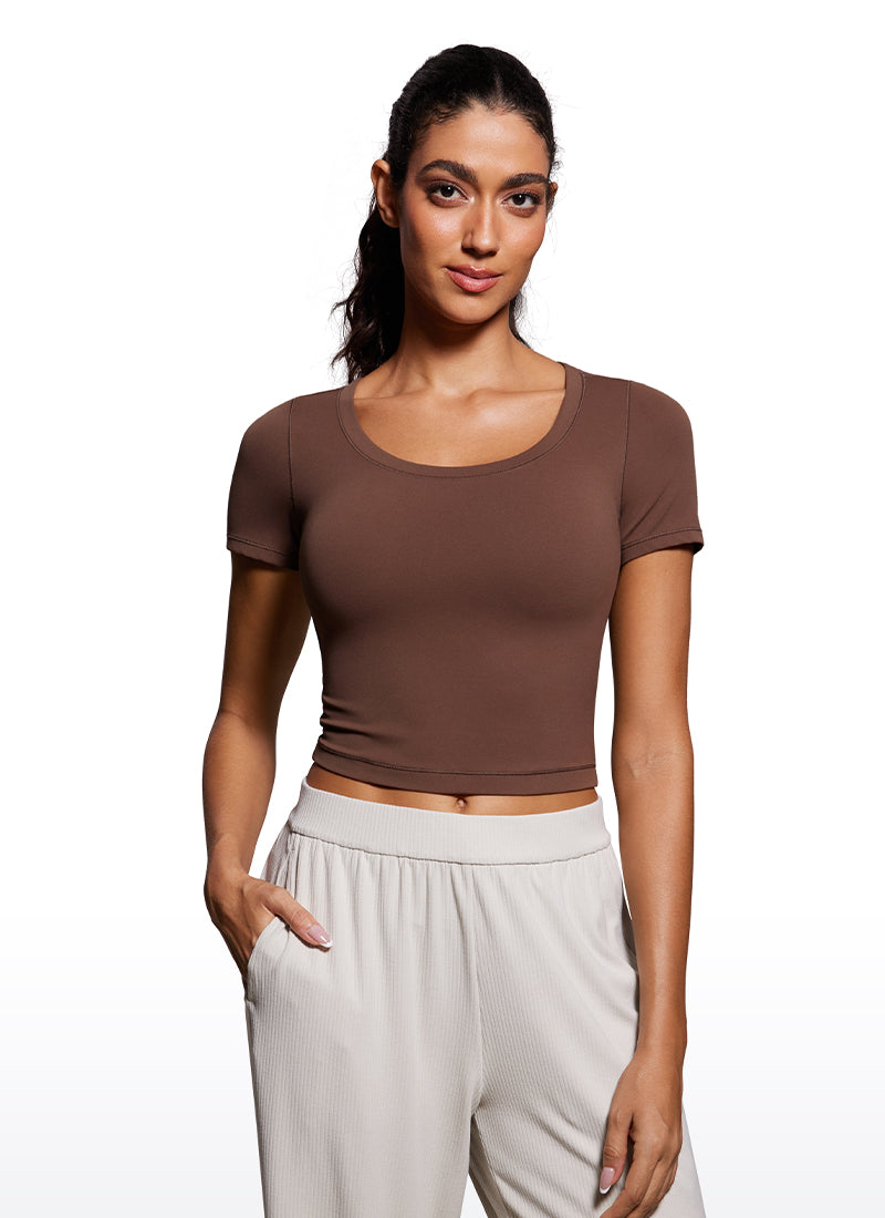 CRZYOGA Women's Slim Fit Scoop Neck Cropped Short Sleeves Coffee Brown