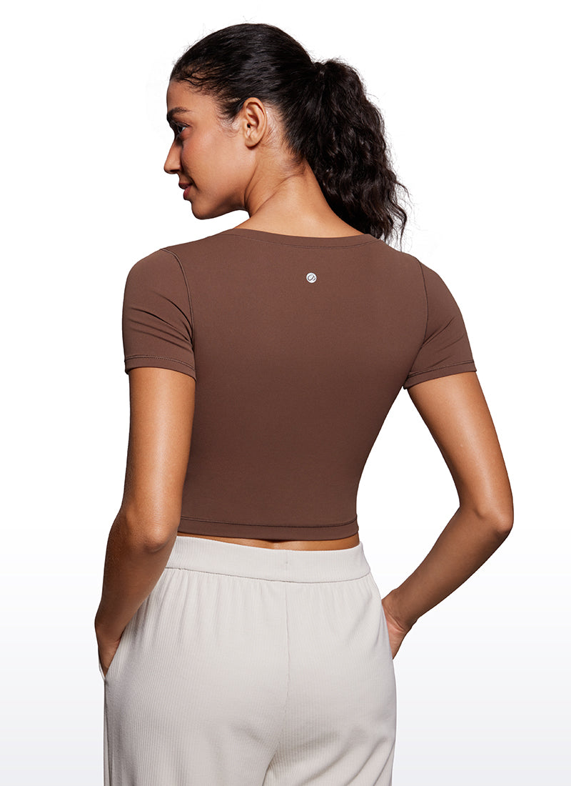 CRZYOGA Women's Slim Fit Scoop Neck Cropped Short Sleeves Coffee Brown
