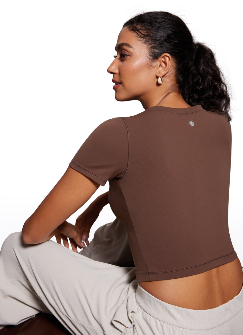 CRZYOGA Women's Slim Fit Scoop Neck Cropped Short Sleeves Coffee Brown