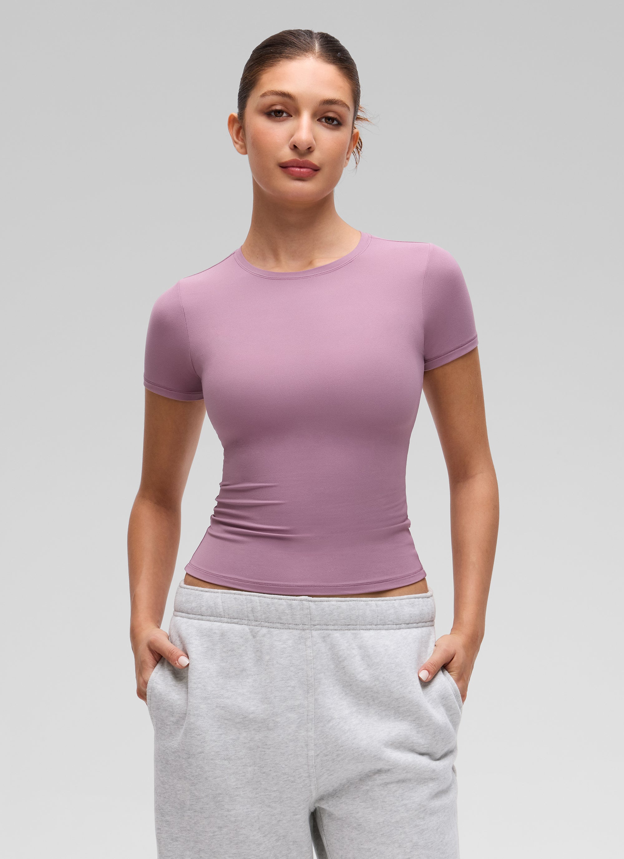 CRZ YOGA Women's Going Out Tops Soft High Crew Neck Casual Tight Shirts Light Lavender @model_info:Inga
