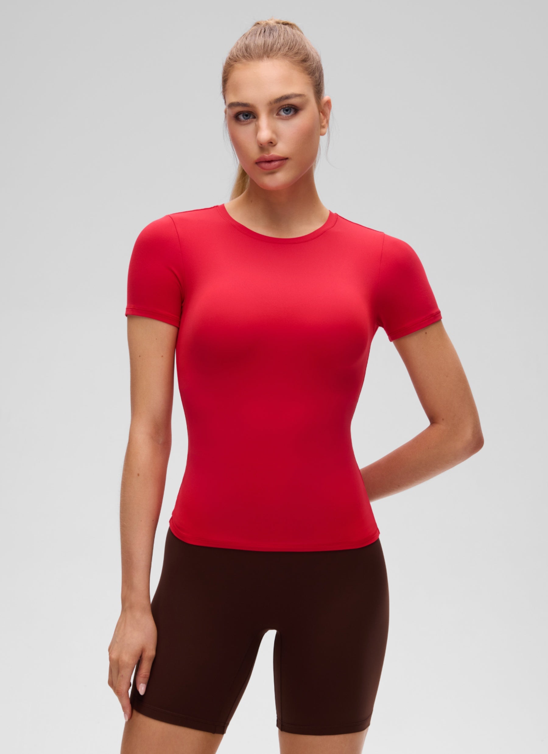 CRZ YOGA Women Going Out Tops Soft High Crew Neck Casual Tight Shirts Aurora Red
