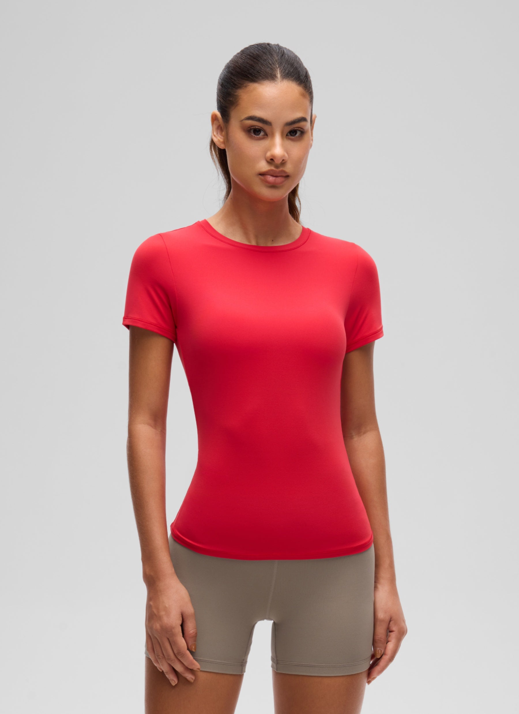 CRZ YOGA Women's Going Out Tops Soft High Crew Neck Casual Tight Shirts Aurora Red @model_info:J