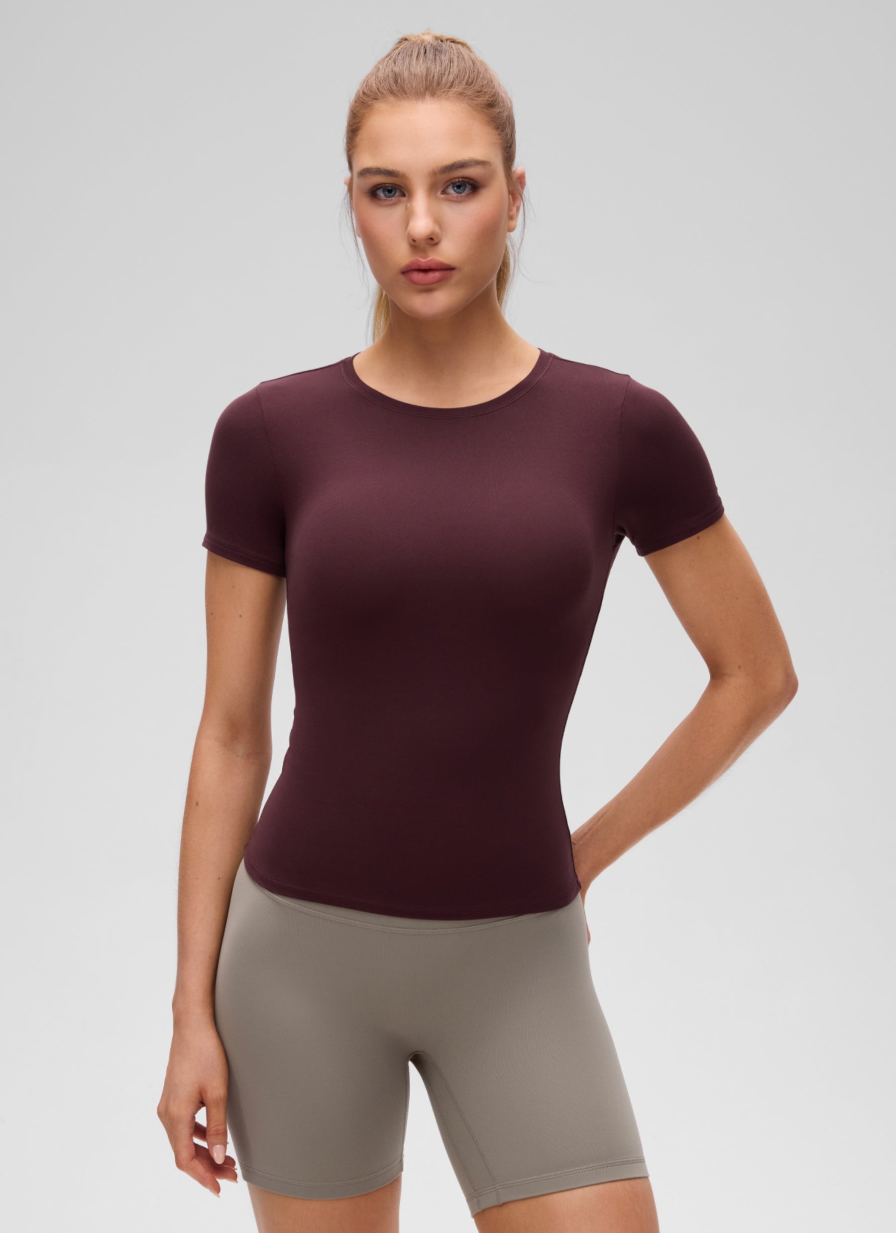 CRZ YOGA Women Going Out Tops Soft High Crew Neck Casual Tight Shirts Ripe Plum