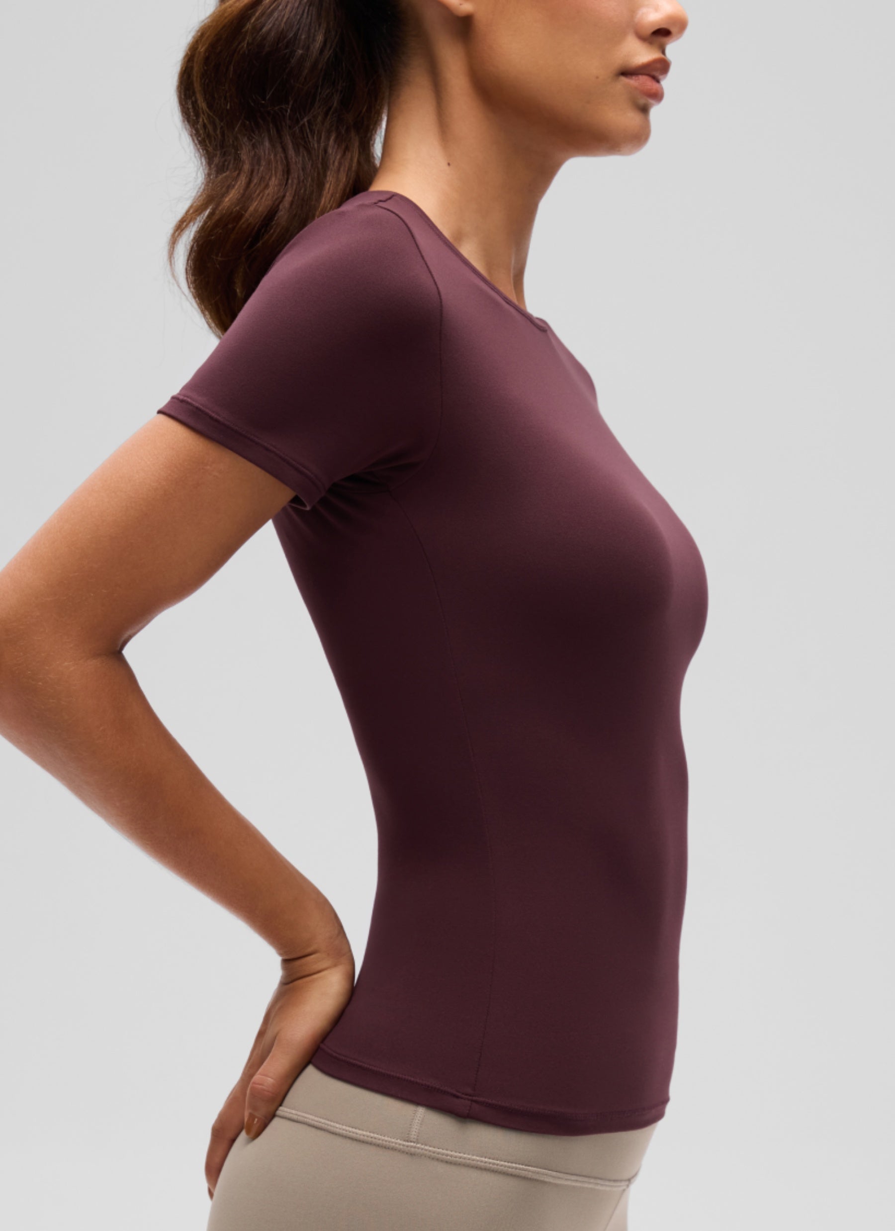 CRZ YOGA Women's Going Out Tops Soft High Crew Neck Casual Tight Shirts Ripe Plum @model_info:J