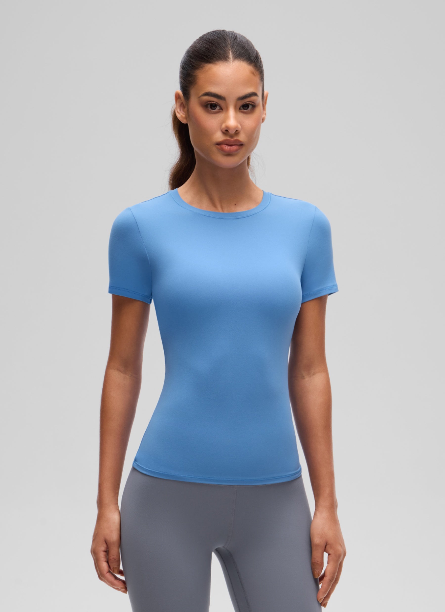 CRZ YOGA Women's Going Out Tops Soft High Crew Neck Casual Tight Shirts Party Blue @model_info:J