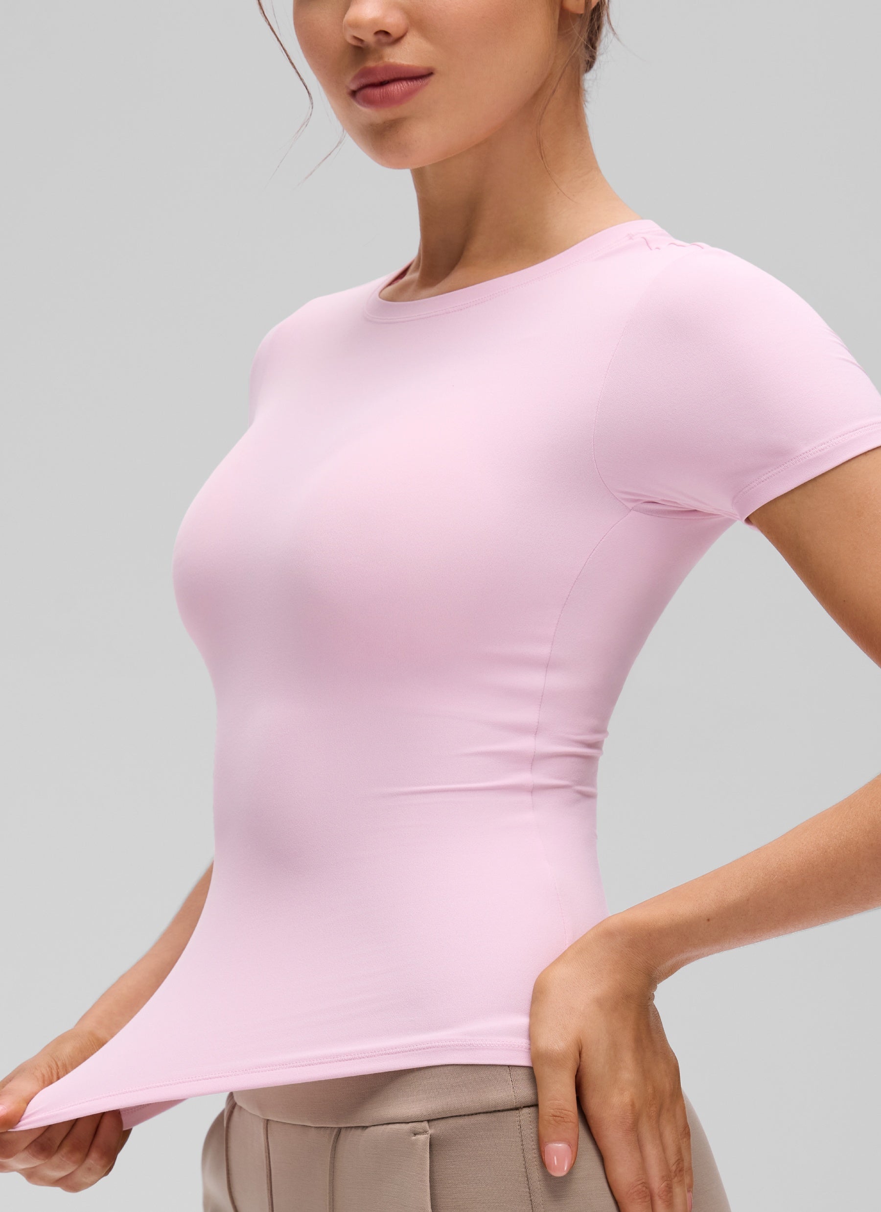 CRZ YOGA Women's Going Out Tops Soft High Crew Neck Casual Tight Shirts Pink Peony @model_info:Valeria
