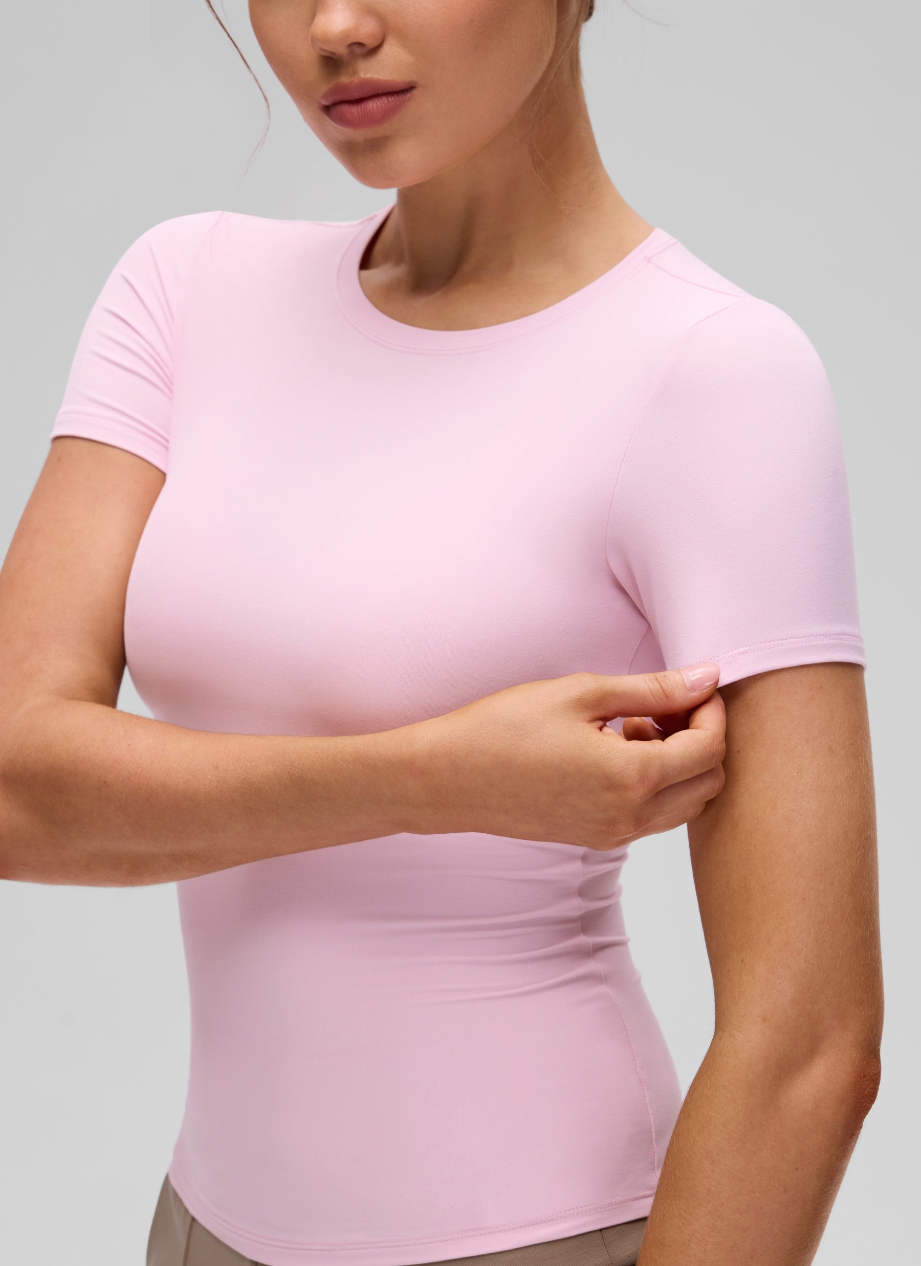 CRZ YOGA Women's Going Out Tops Soft High Crew Neck Casual Tight Shirts Pink Peony @model_info:Valeria