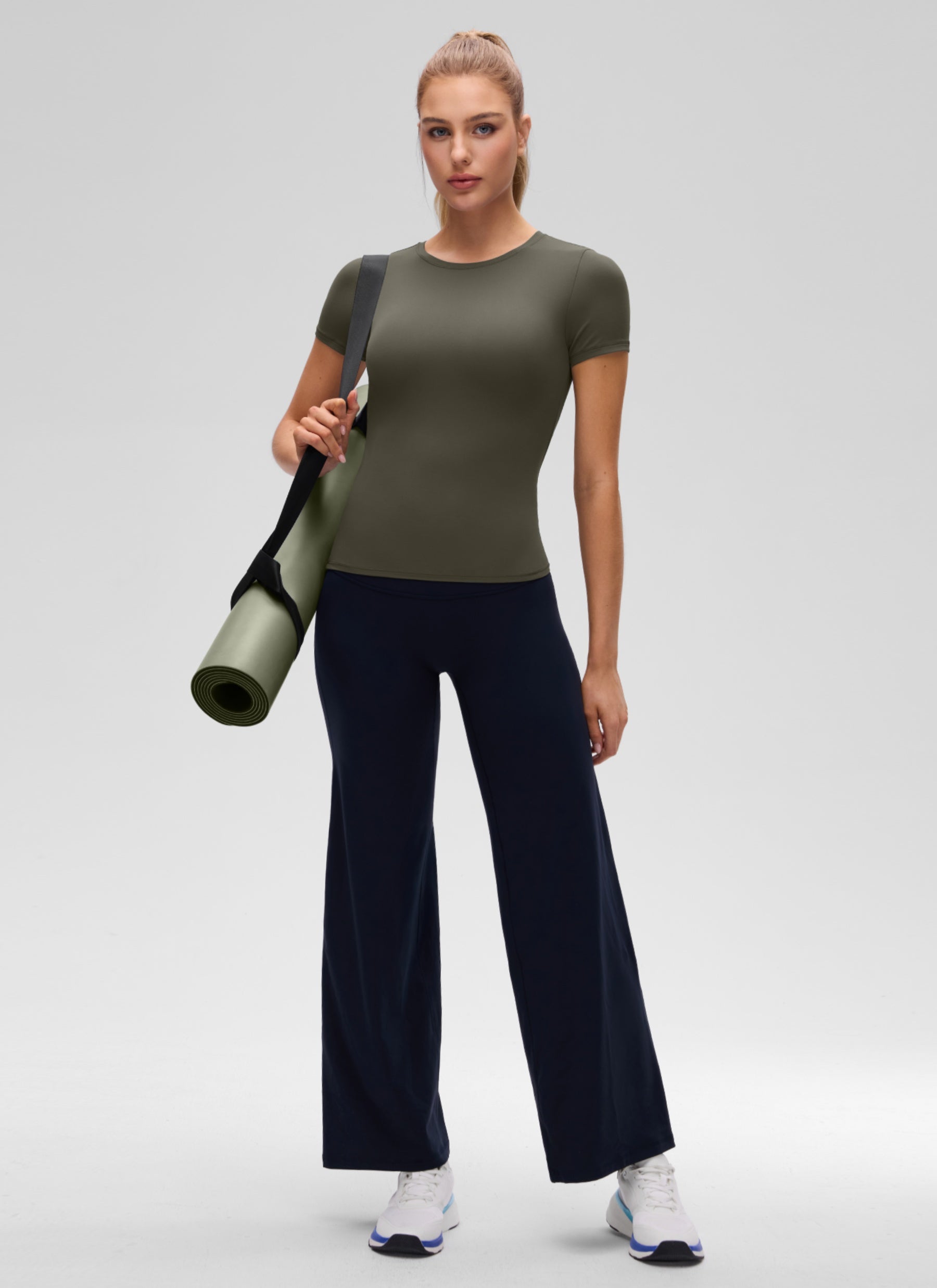 CRZ YOGA Women Going Out Tops Soft High Crew Neck Casual Tight Shirts Light Army Green