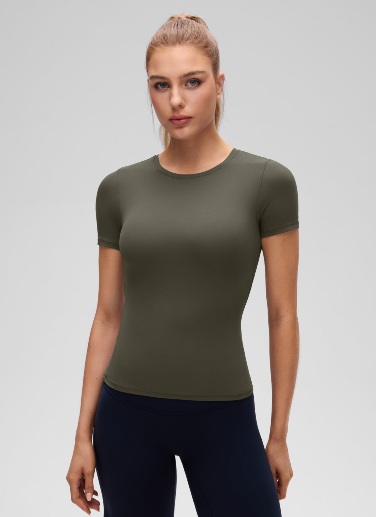 CRZ YOGA Women's Going Out Tops Soft High Crew Neck Casual Tight Shirts Light Army Green @model_info:A