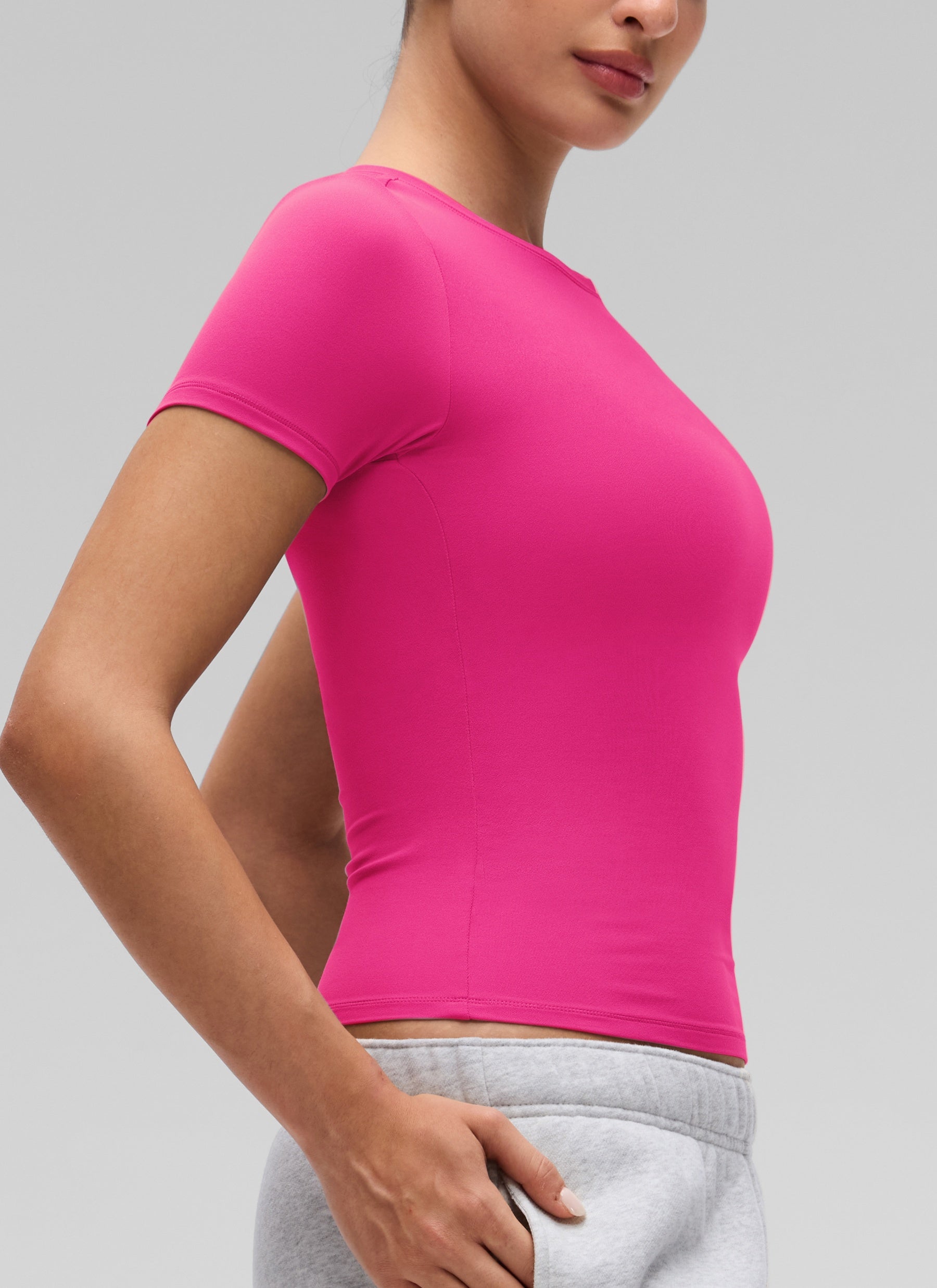 CRZ YOGA Women Going Out Tops Soft High Crew Neck Casual Tight Shirts Granita Pink