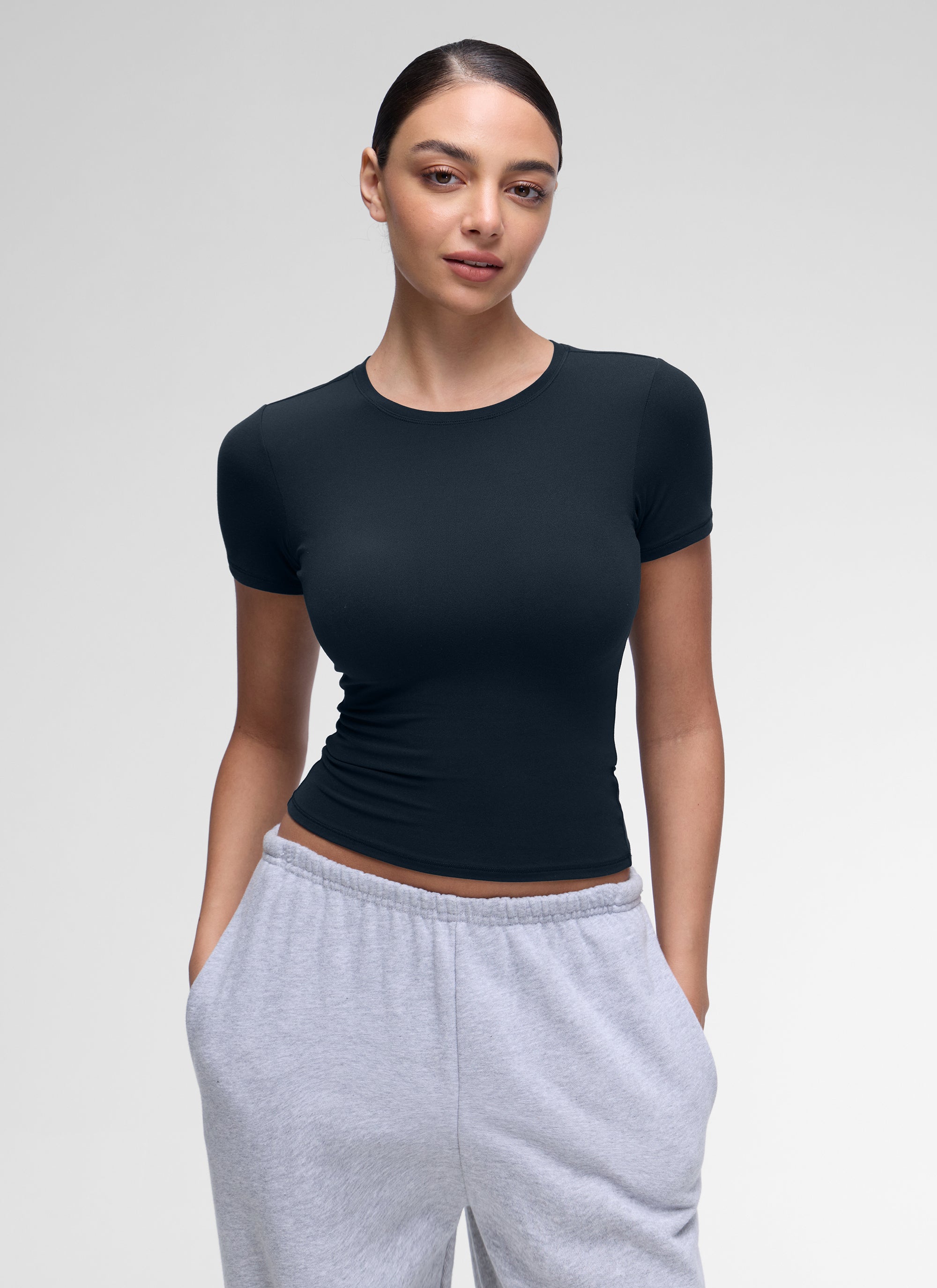 CRZ YOGA Women Going Out Tops Soft High Crew Neck Casual Tight Shirts True Navy