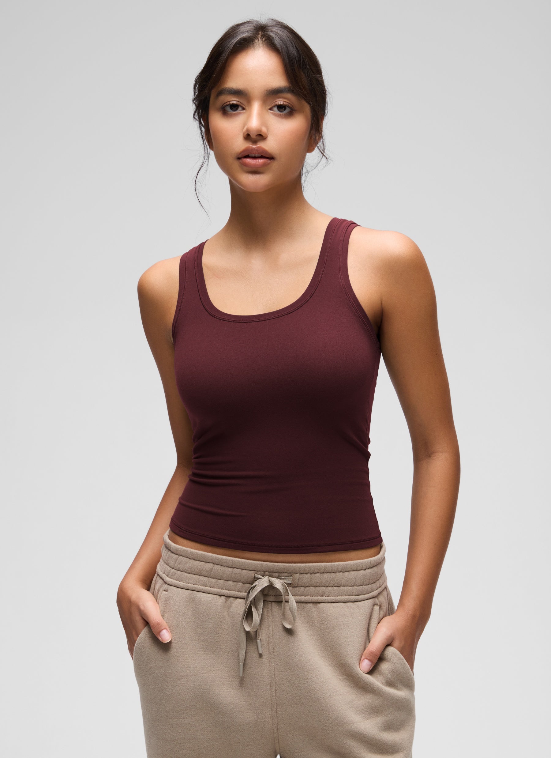 CRZ YOGA Women Softembrace Soft Double Lined Scoop Neck Tanks Casual Tops Red Merlot
