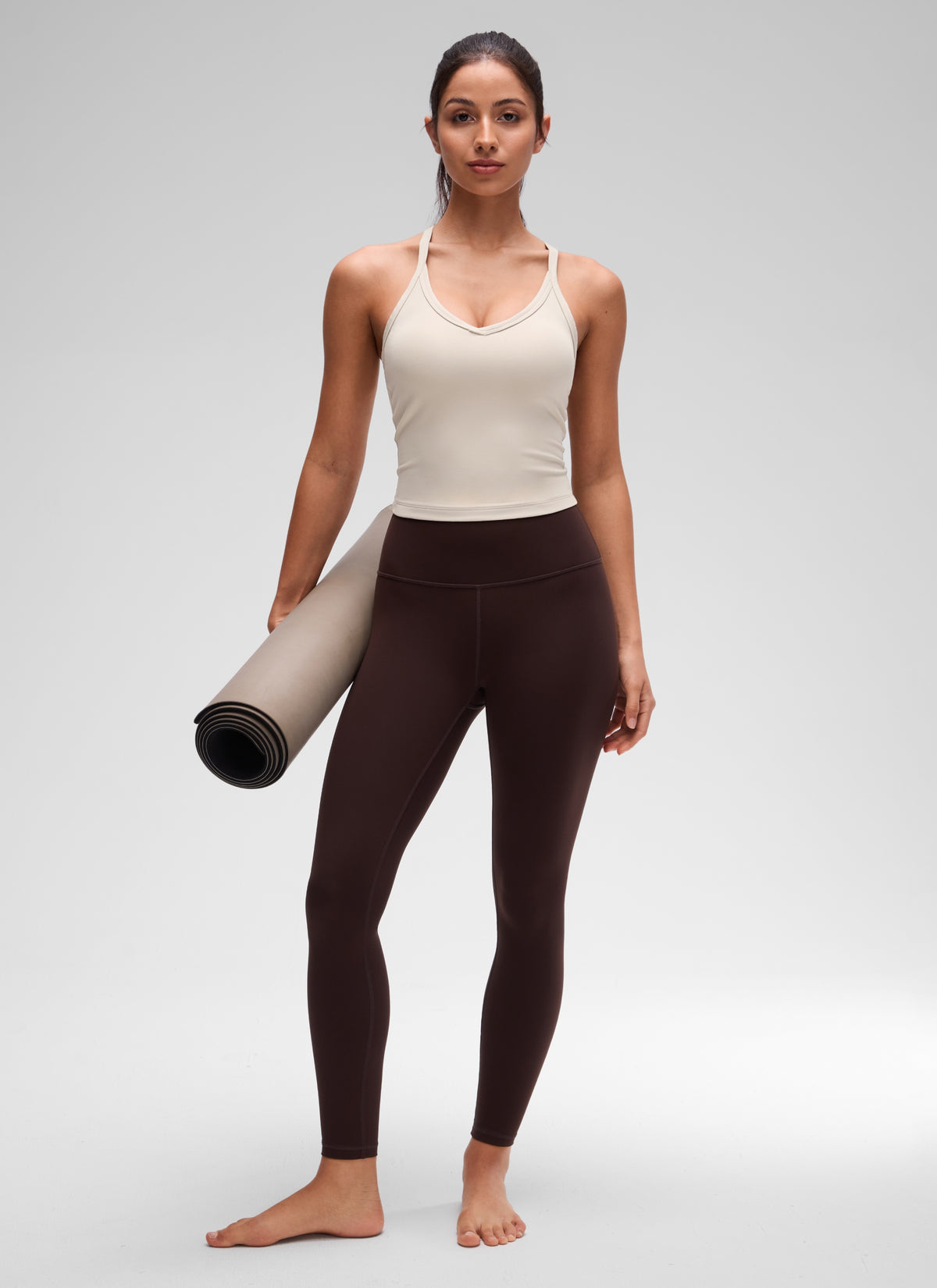 CRZ YOGA Women's Butterluxe Soft Double Lined V Neck Racerback Tanks Mojave Tan @model_info:Maysa