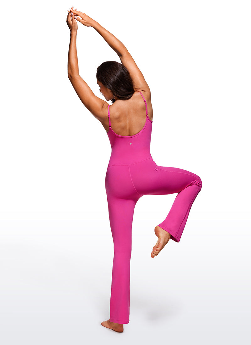 CRZ YOGA Women's Yoga Tight Fit Flare Jumpsuits Build-in Bra Bodysuits Hibiscus Purple