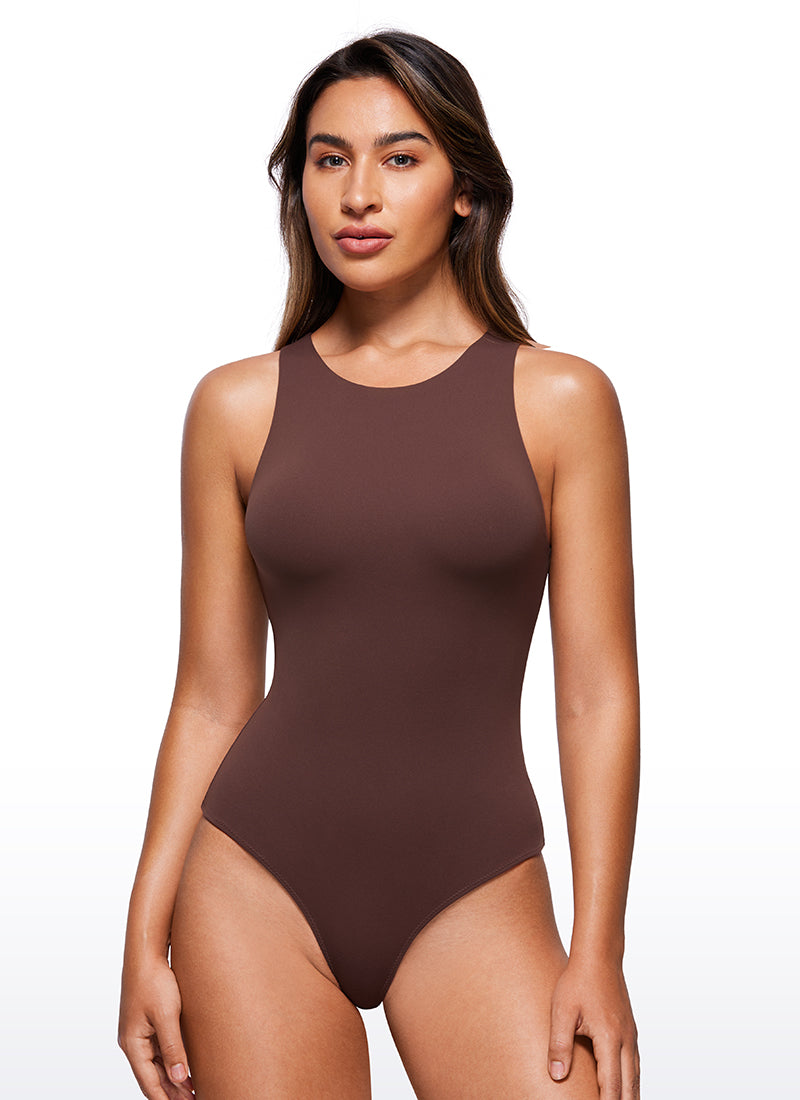 CRZ YOGA Women's Yoga Tight Fit High Neck Racerback Bodysuits Taupe