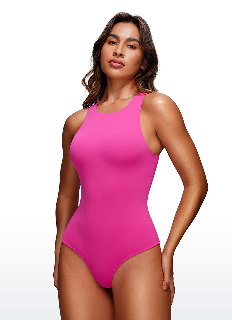 CRZ YOGA Women's Yoga Tight Fit High Neck Racerback Bodysuits Hibiscus Purple
