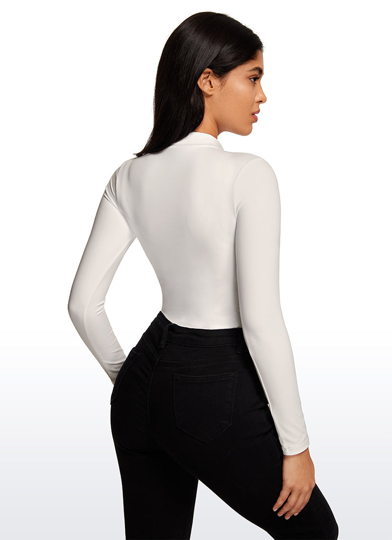 CRZ YOGA Women's Yoga Tight Fit Mock Turtleneck Long Sleeves Bodysuits White Apricot