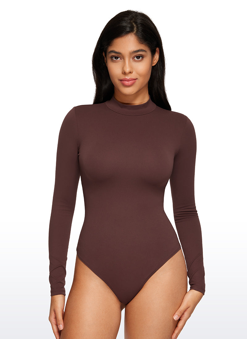 CRZ YOGA Women's Yoga Tight Fit Mock Turtleneck Long Sleeves Bodysuits Taupe