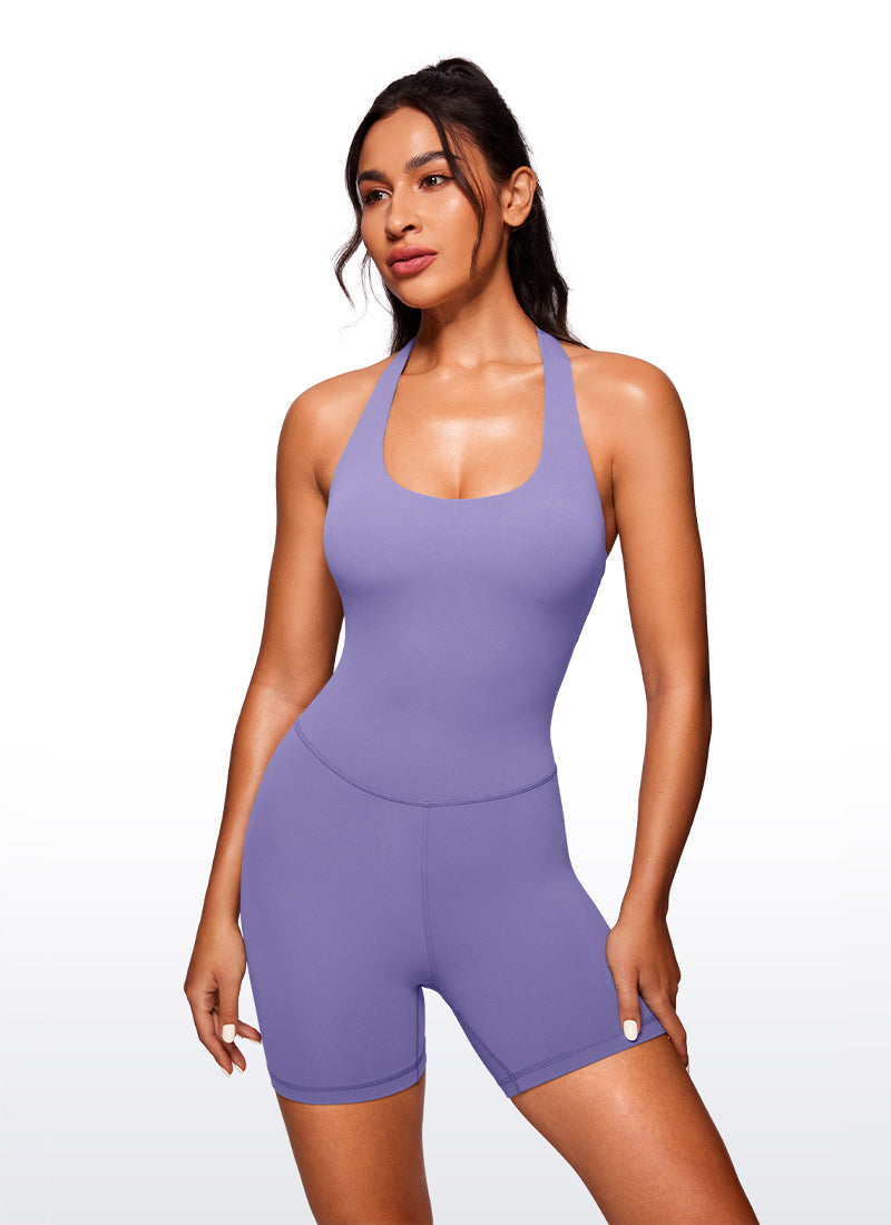 CRZ YOGA Women's Yoga Halter Backless Athletic Romper Shorts Bodysuit Dark Lavender Purple