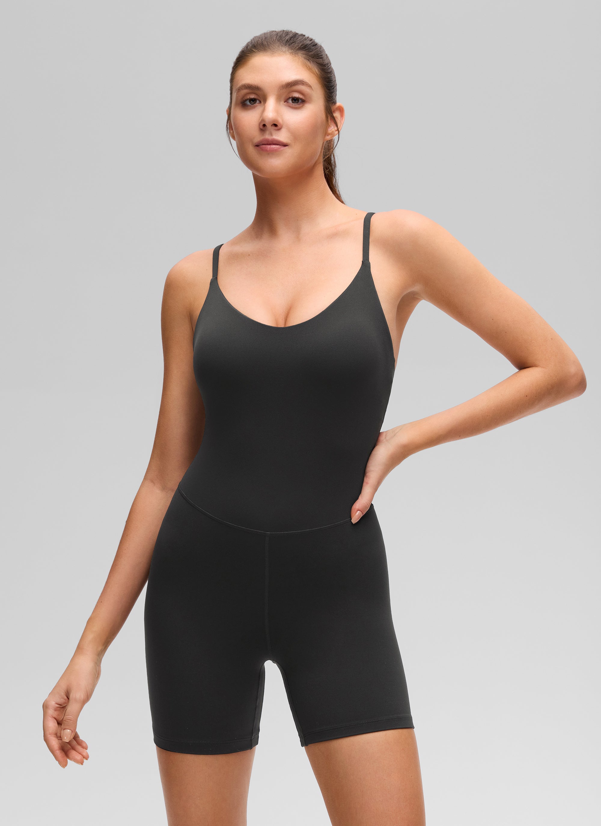 CRZ YOGA Women's Butterluxe Yoga U Neck Cross Back Built in Bra Romper Black