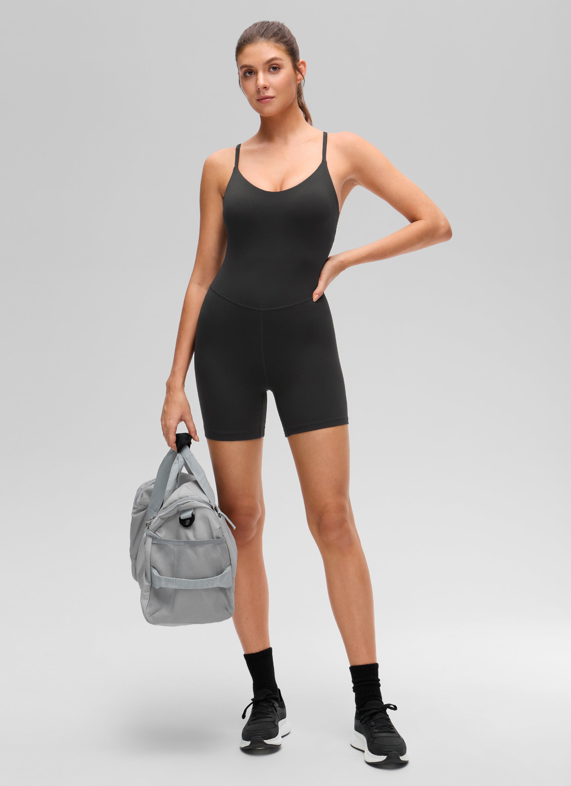 CRZ YOGA Women's Butterluxe Yoga U Neck Cross Back Built in Bra Romper Black