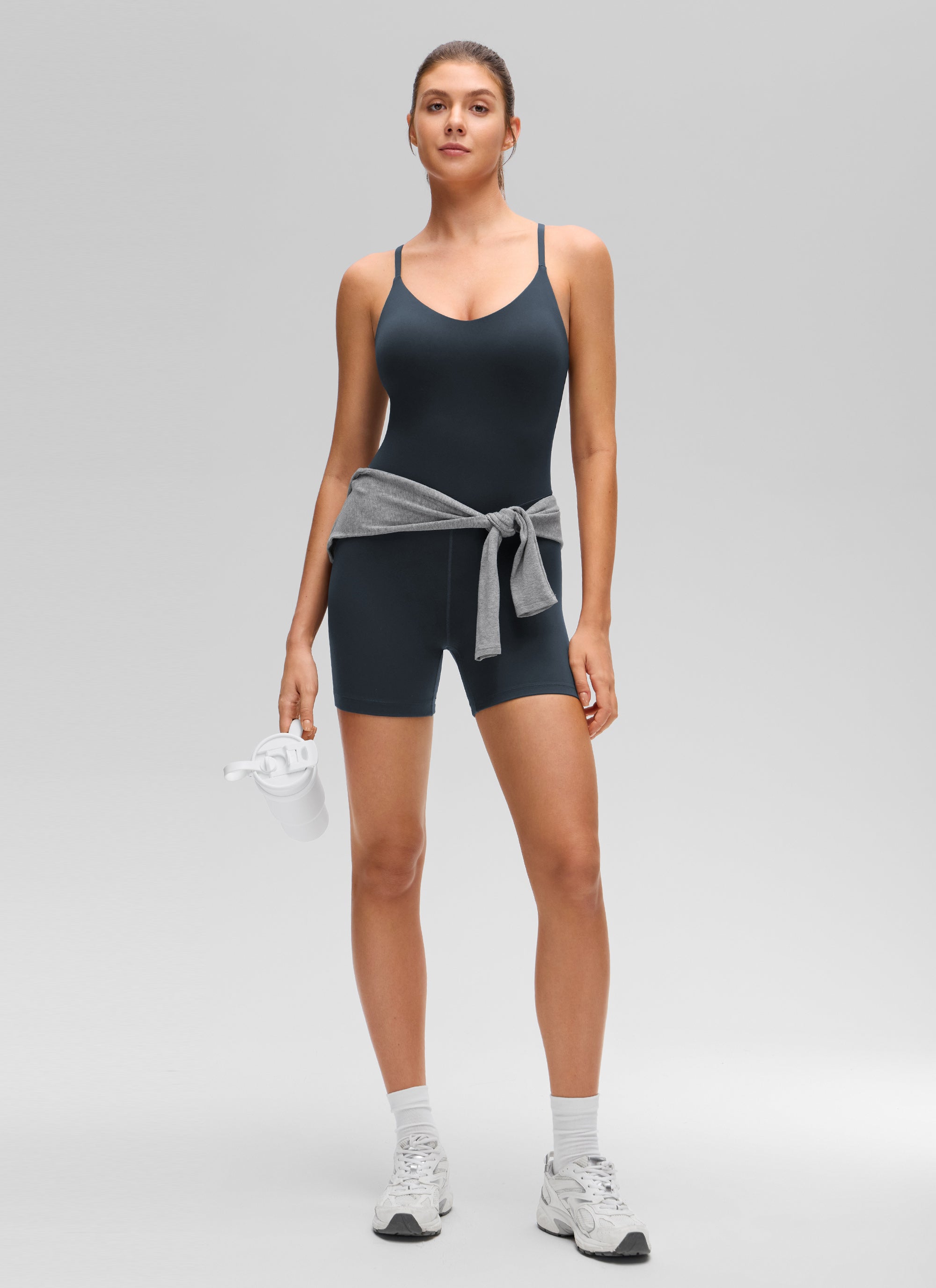 CRZ YOGA Women's Butterluxe Yoga U Neck Cross Back Built in Bra Romper True Navy @model_info:Gelya