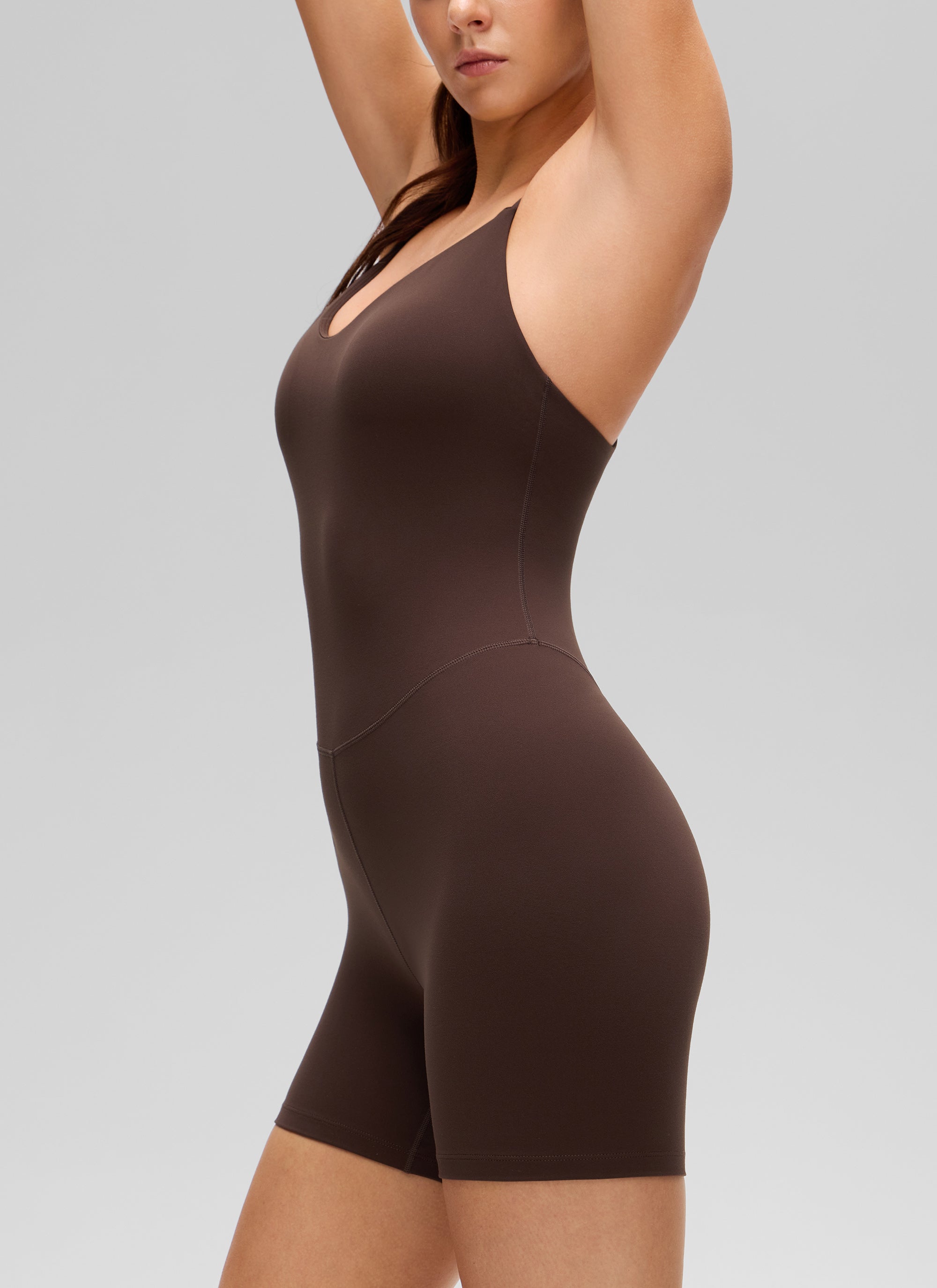 CRZ YOGA Women's Butterluxe Yoga U Neck Cross Back Built in Bra Romper Hot Fudge Brown