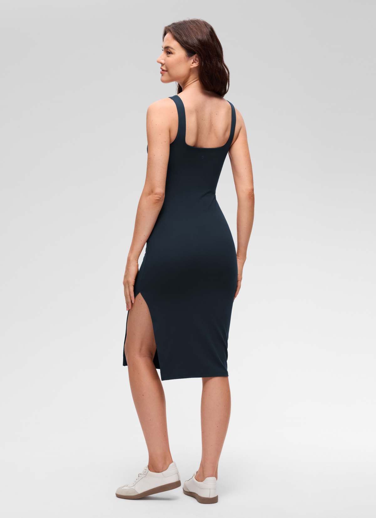 CRZ YOGA Women's Butterluxe Casual Square Neck Side Split Midi Dress True Navy