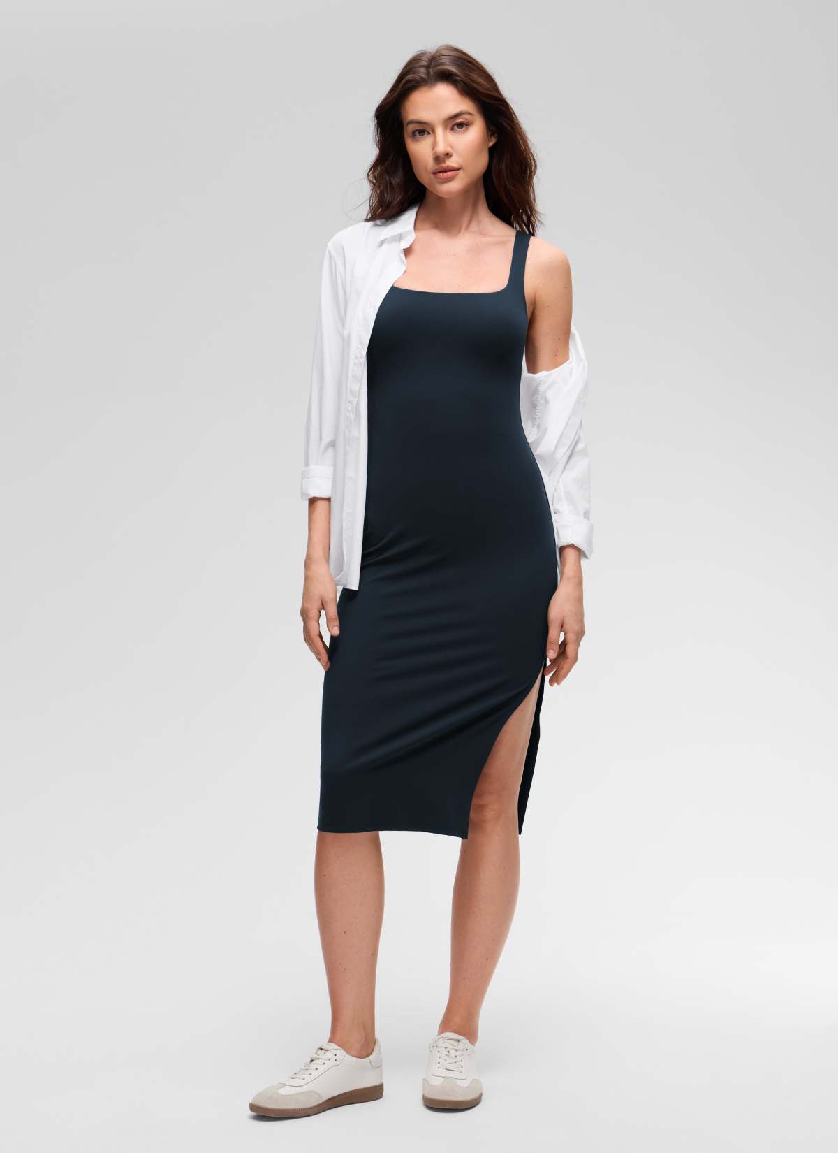 CRZ YOGA Women's Butterluxe Casual Square Neck Side Split Midi Dress True Navy