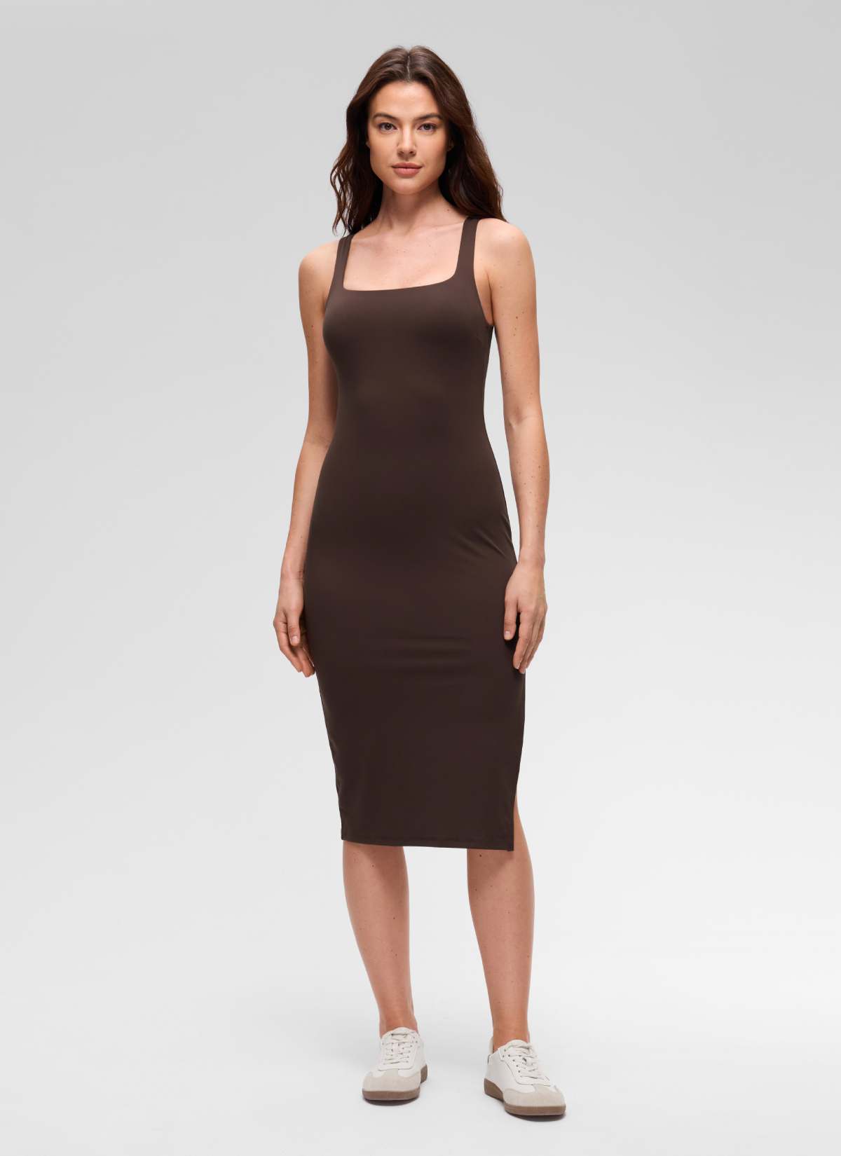 CRZ YOGA Women's Butterluxe Casual Square Neck Side Split Midi Dress Hot Fudge Brown