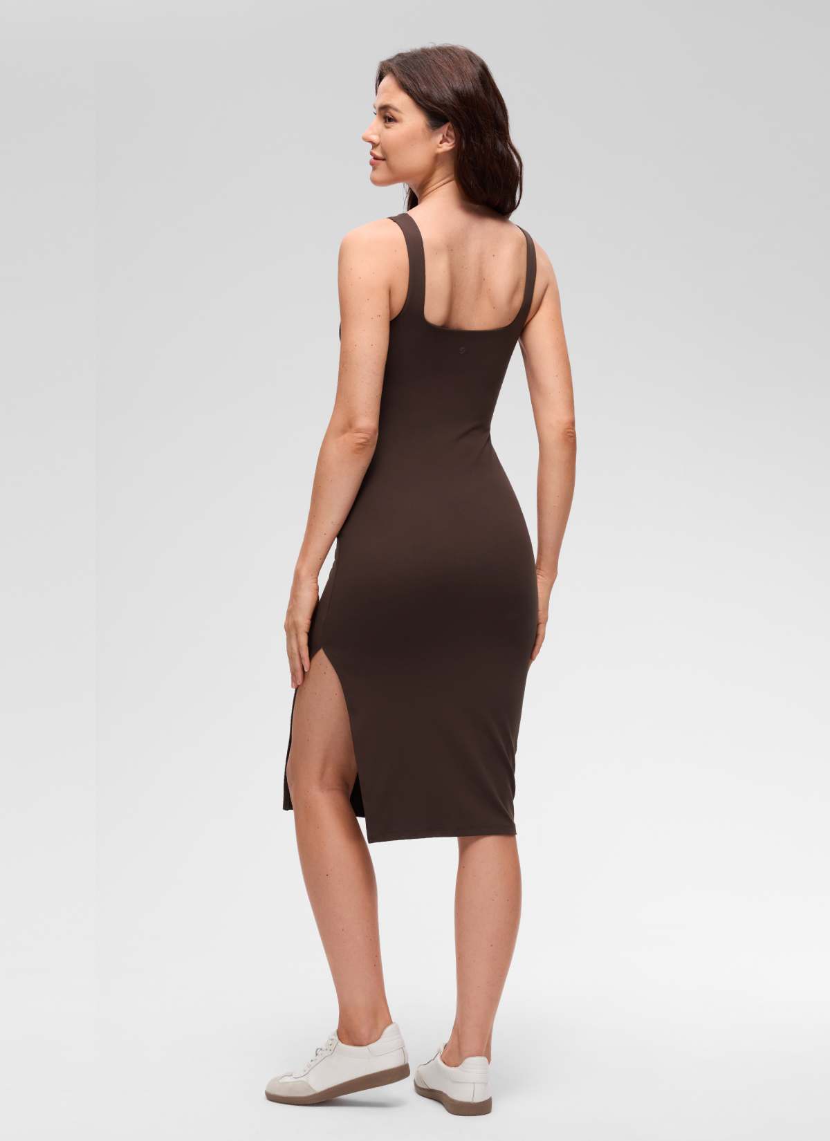 CRZ YOGA Women's Butterluxe Casual Square Neck Side Split Midi Dress Hot Fudge Brown