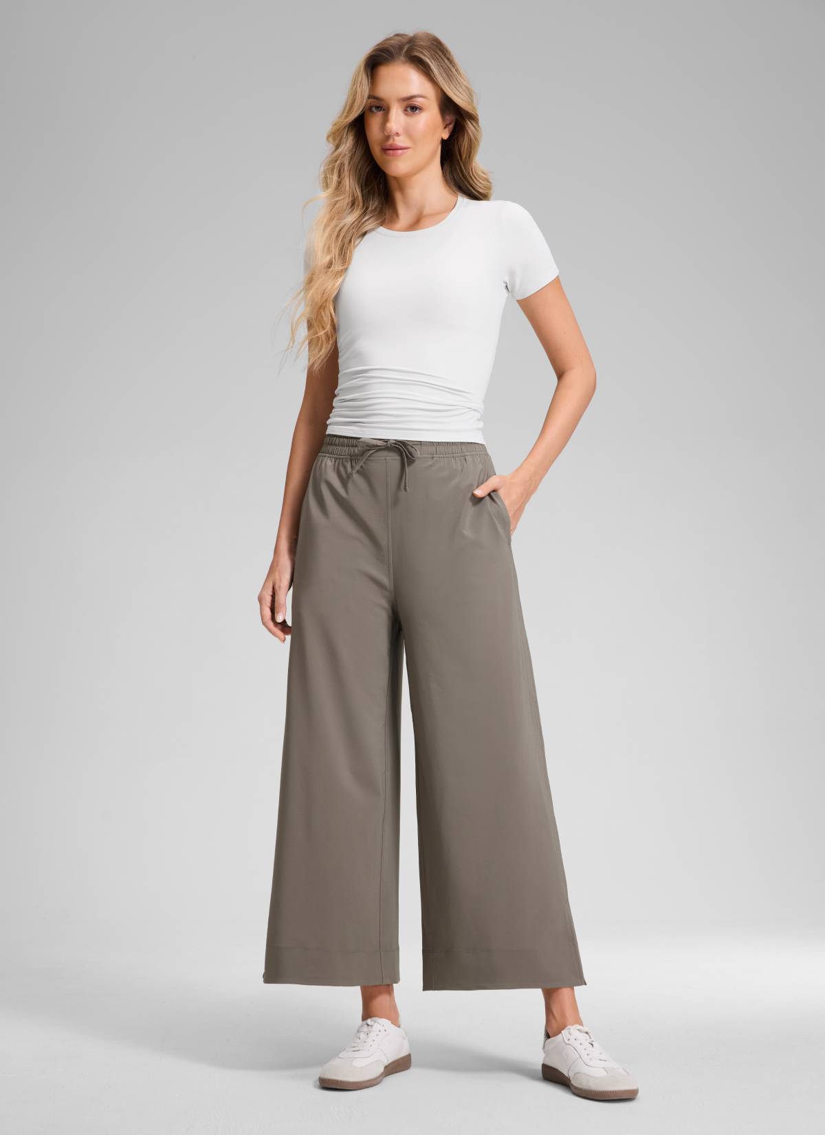 CRZ YOGA Women's  Causal High Waisted Wide Leg Pockets Pants 25'' Nomad Grey