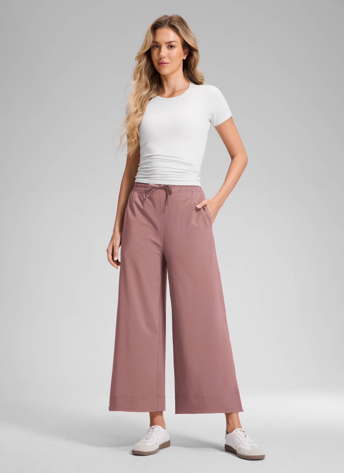 CRZ YOGA Women's  Causal High Waisted Wide Leg Pockets Pants 25'' Twilight Rose Pink @model_info:Anna