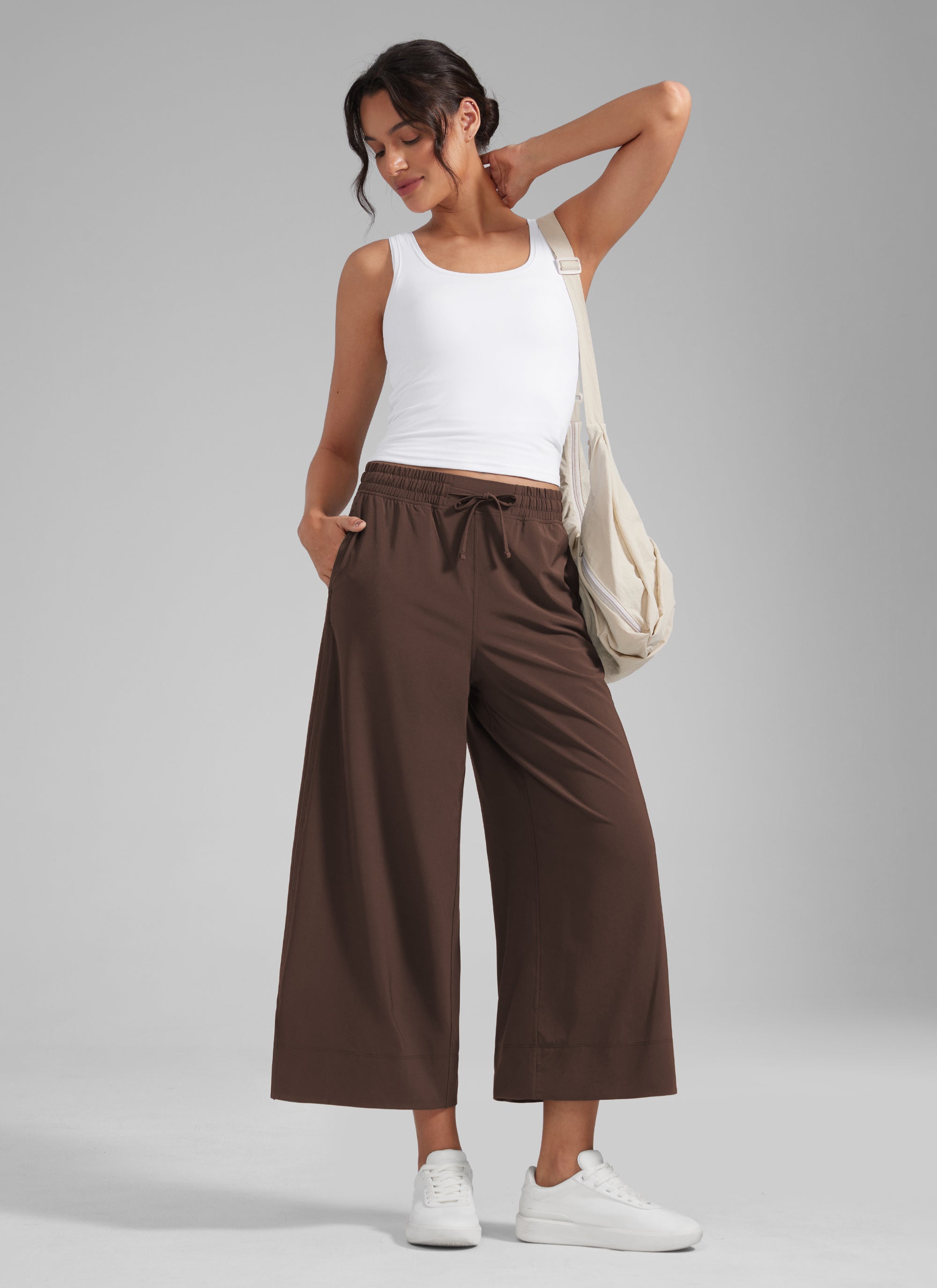 CRZ YOGA Women's  Causal High Waisted Wide Leg Pockets Pants 25'' Hot Fudge Brown @model_info:Jenna