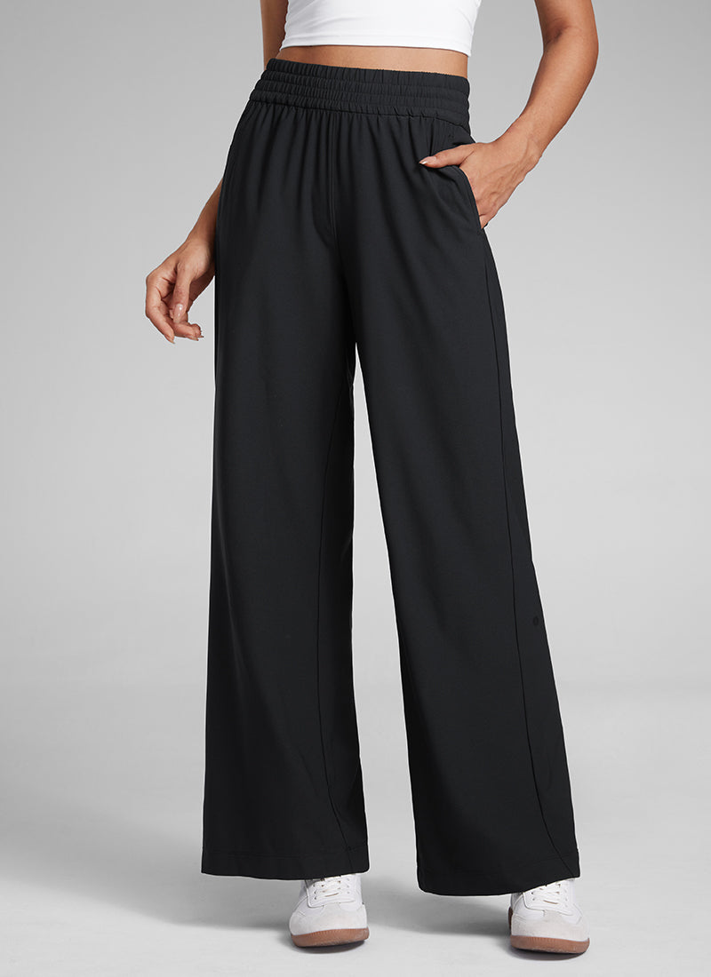 CRZ YOGA Women's Casual High Rise Wide Leg Pants with Pockets 30'' Black @model_info:Laura