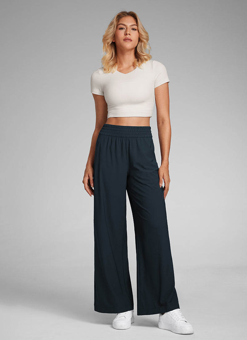 CRZ YOGA Women's Casual High Rise Wide Leg Pants with Pockets 30'' True Navy @model_info:Laura