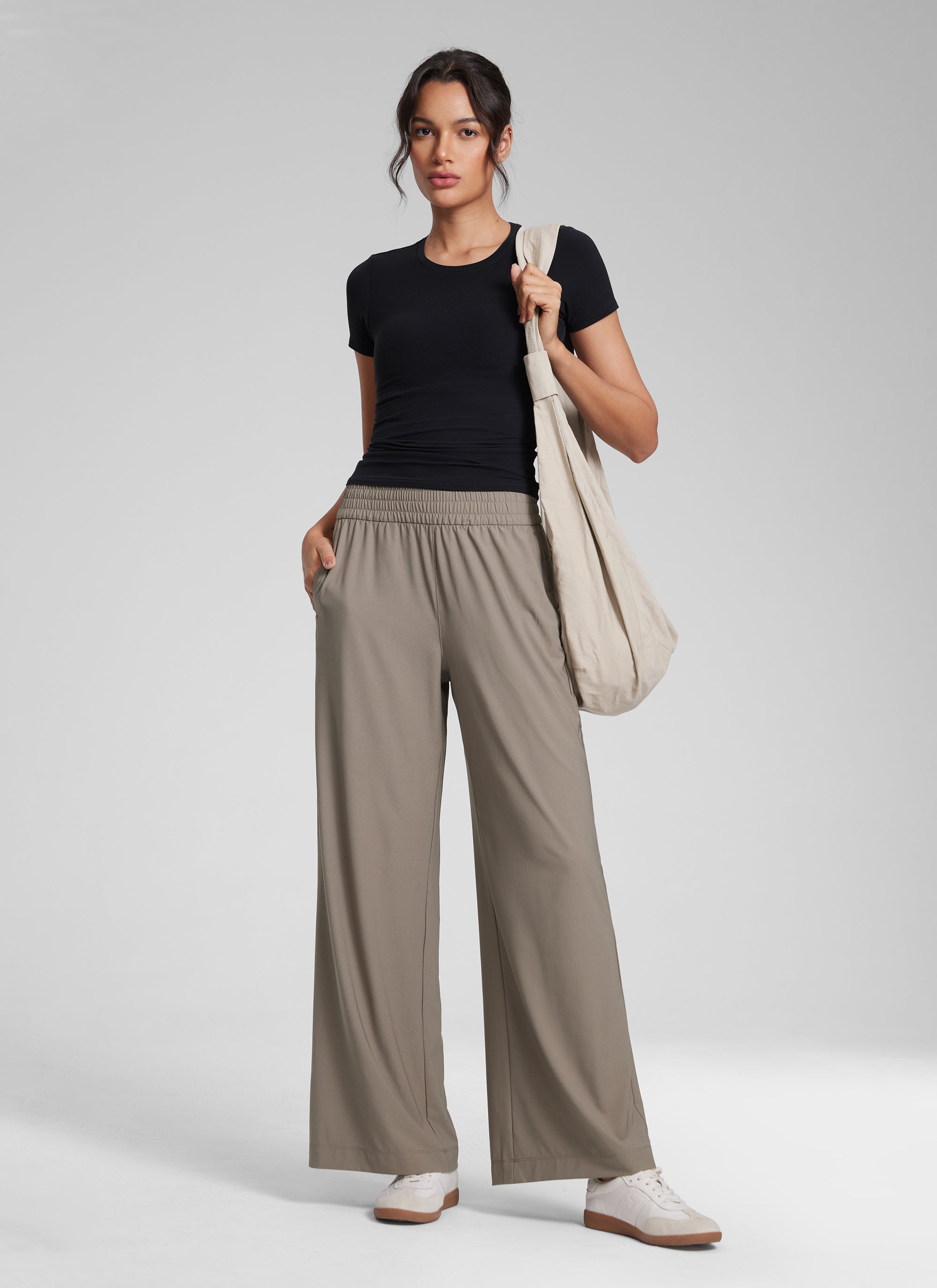 CRZ YOGA Women's Casual High Rise Wide Leg Pants with Pockets 30'' Nomad Grey @model_info:Jenna