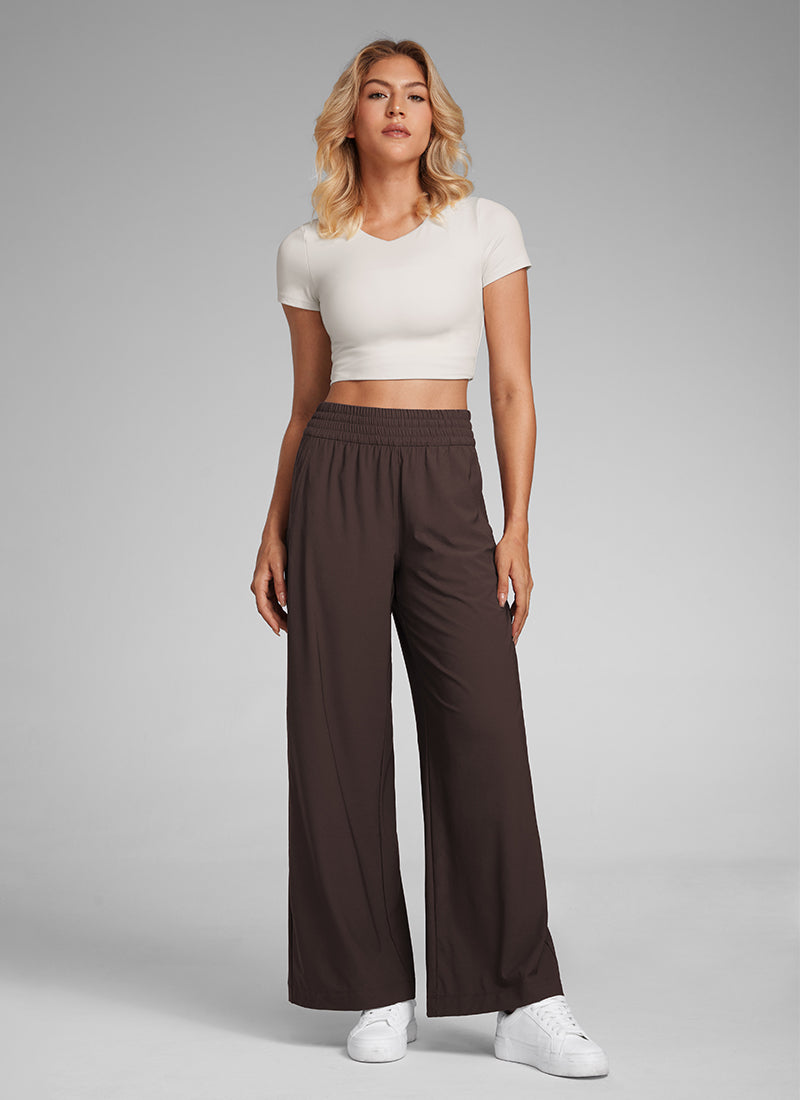 CRZ YOGA Women's Casual High Rise Wide Leg Pants with Pockets 30'' Hot Fudge Brown @model_info:Laura